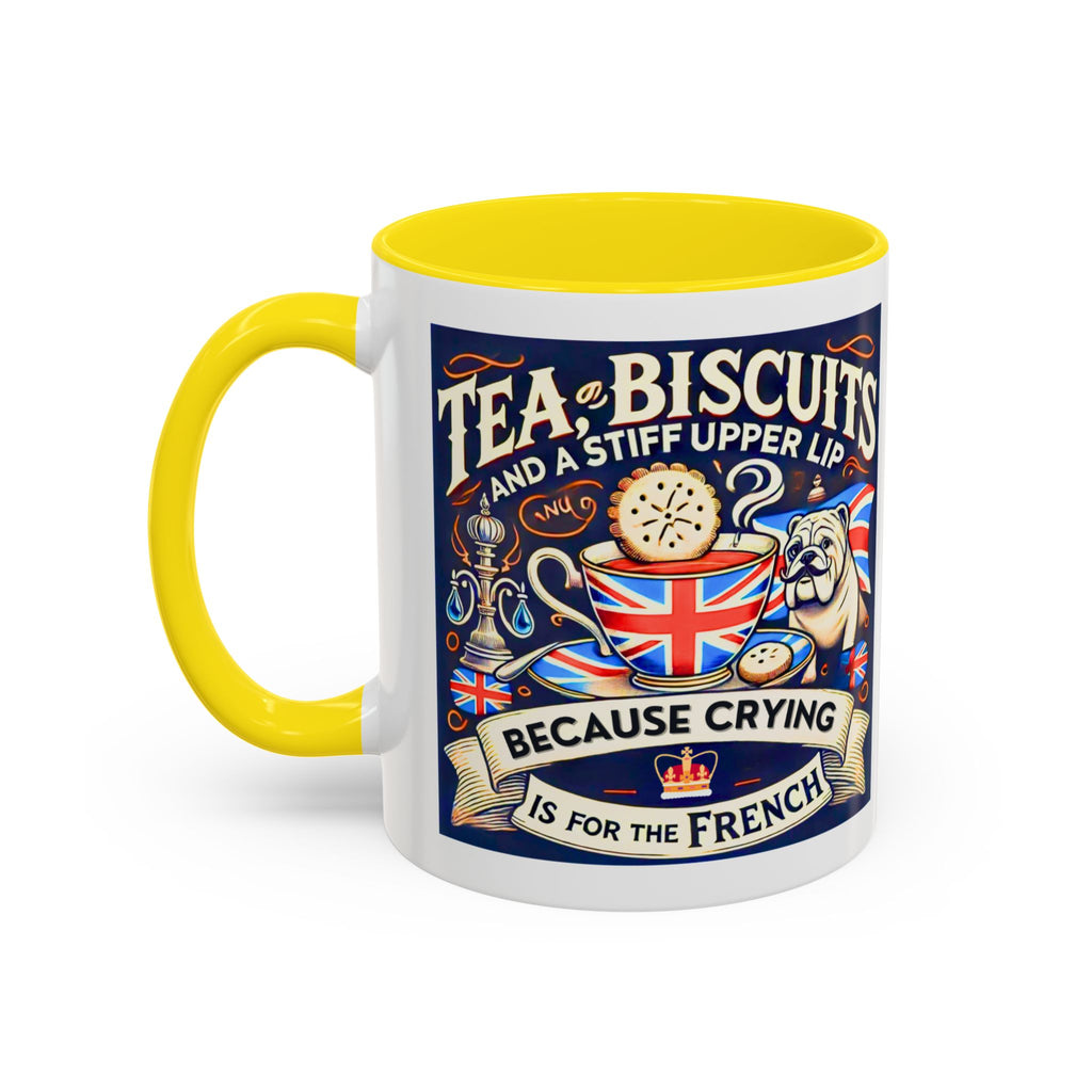 Crying Is for the French Mug | Funny British Humor Cup | Tea and Biscuits UK Banter Gift | 11oz Tea & Coffee Mug | Patriotic Dog Mug