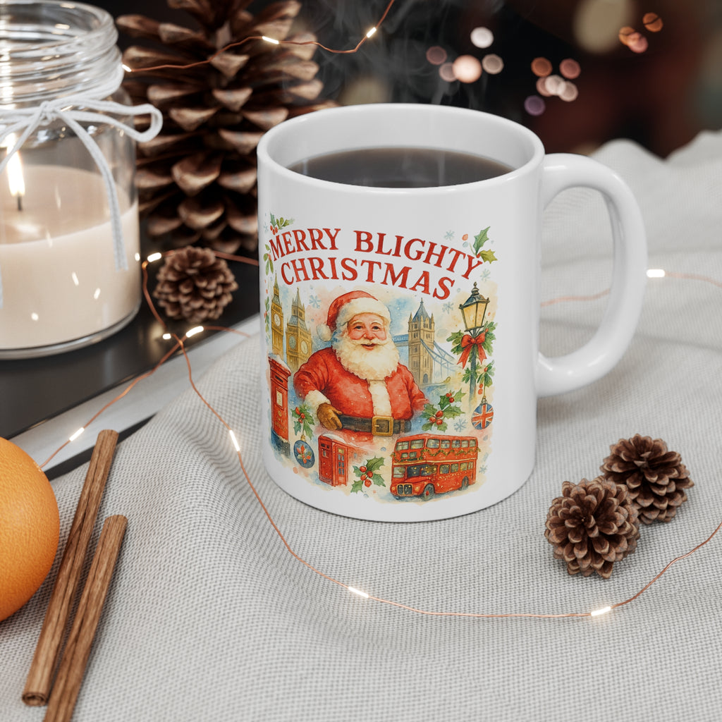 Merry Blighty Christmas Mug - Colourful Watercolour London Santa Cup | British Xmas Gift | Festive UK Holiday Mug