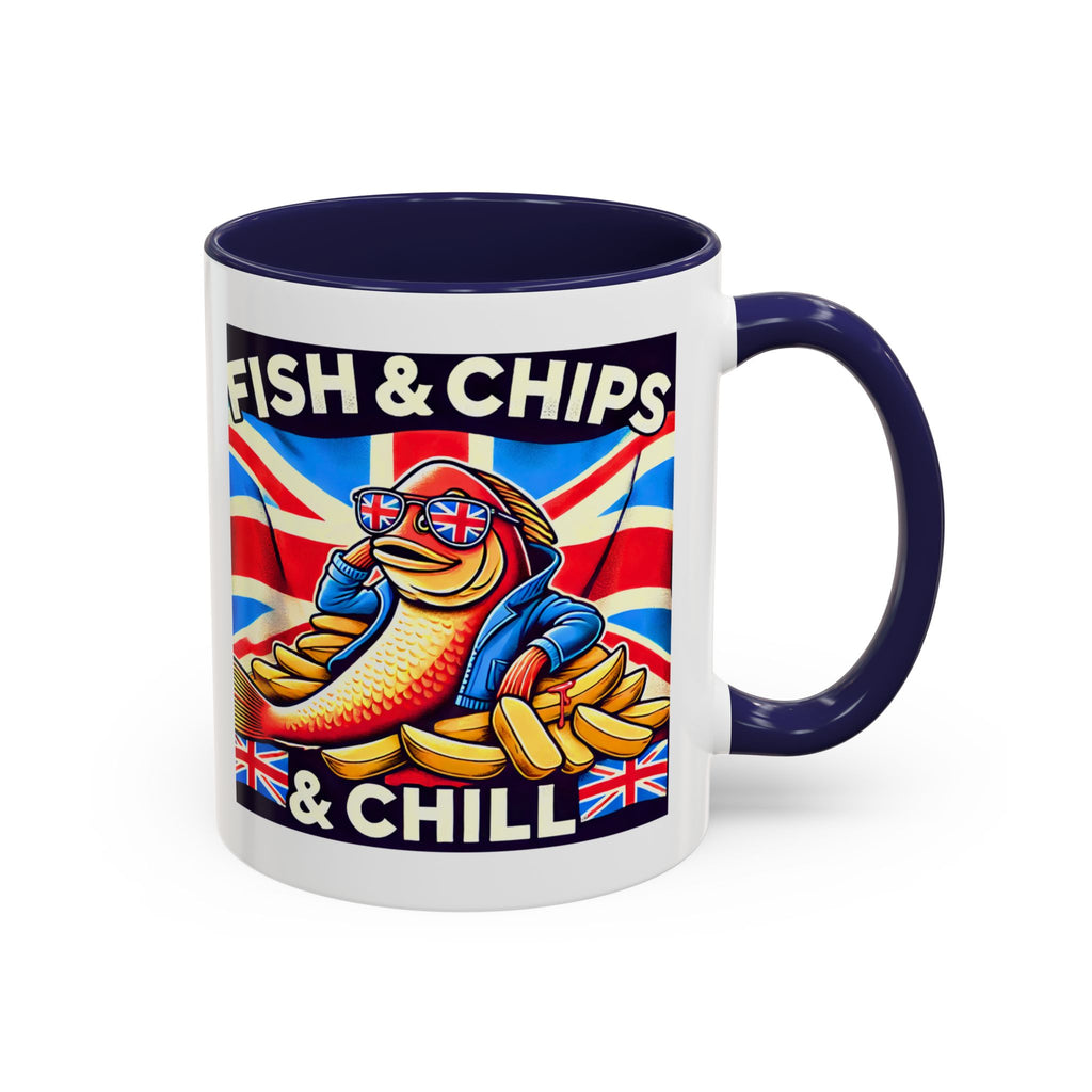Fish & Chips n Chill Mug | Funny British Coffee Cup | Foodie Gift | Quirky UK Tea Mug | Accent Coffee Cup for Home or Office