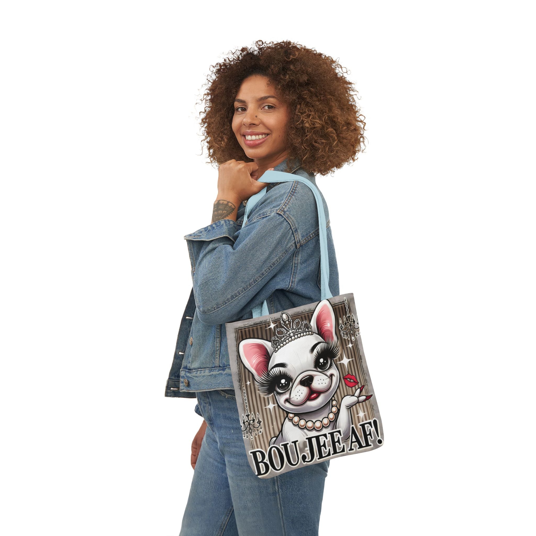 Boujee AF Canvas Tote Bag | Frenchie Design | 5-Color Straps Shopping Bag | French Bulldog Artwork Travel Tote