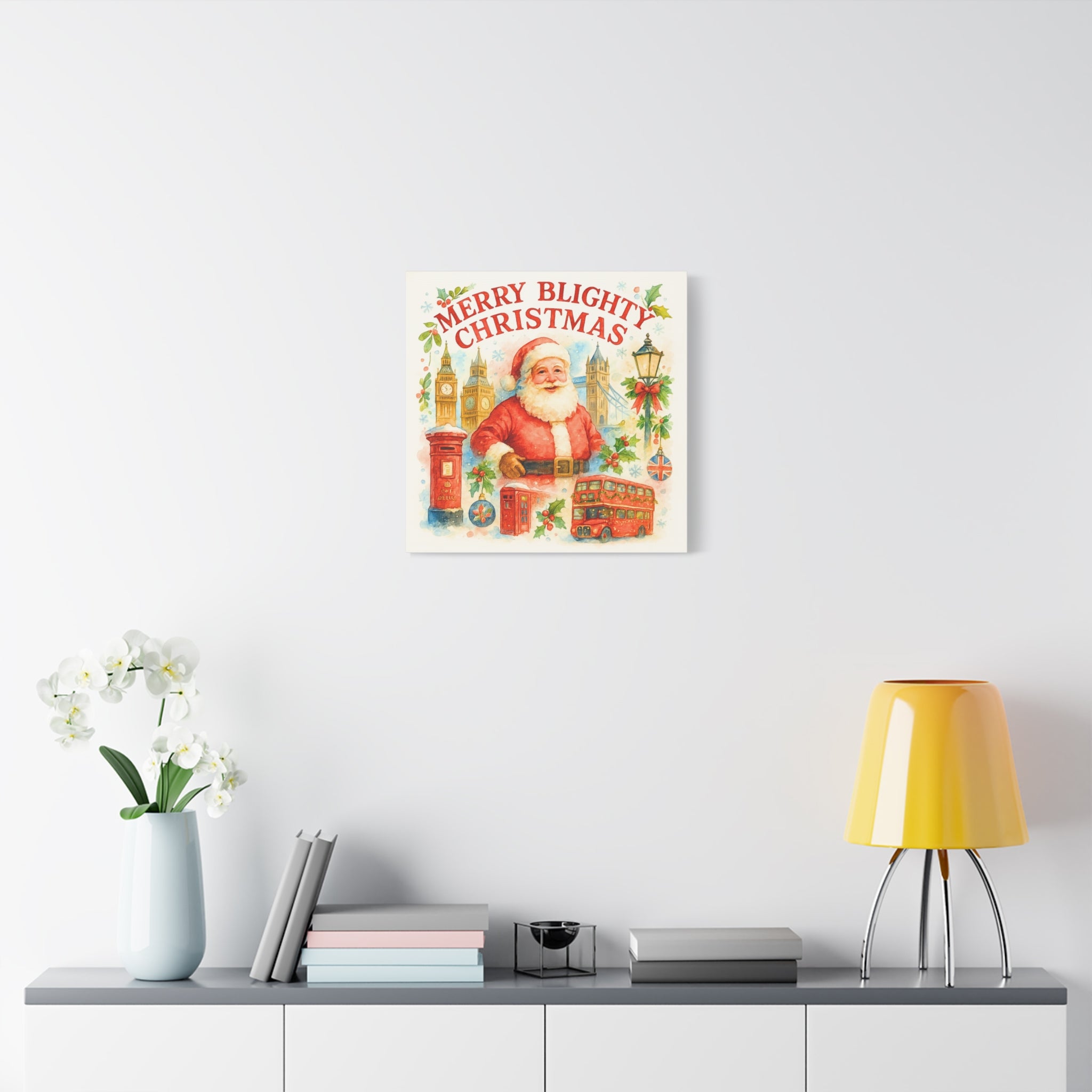 Merry Blighty Christmas Canvas Art - Vintage Watercolour London Scene | British Santa Wall Art | Cozy UK Festive Holiday Decor