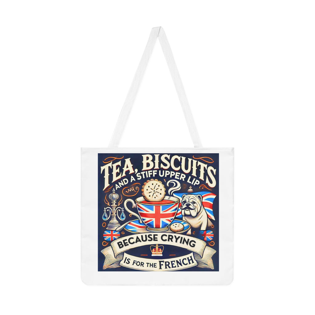 Tea Biscuits and a Stiff Upper Lip Tote Bag | Funny British Bulldog Tote | UK Humour Gift | Union Jack Canvas Bag | Patriotic Banter Bag