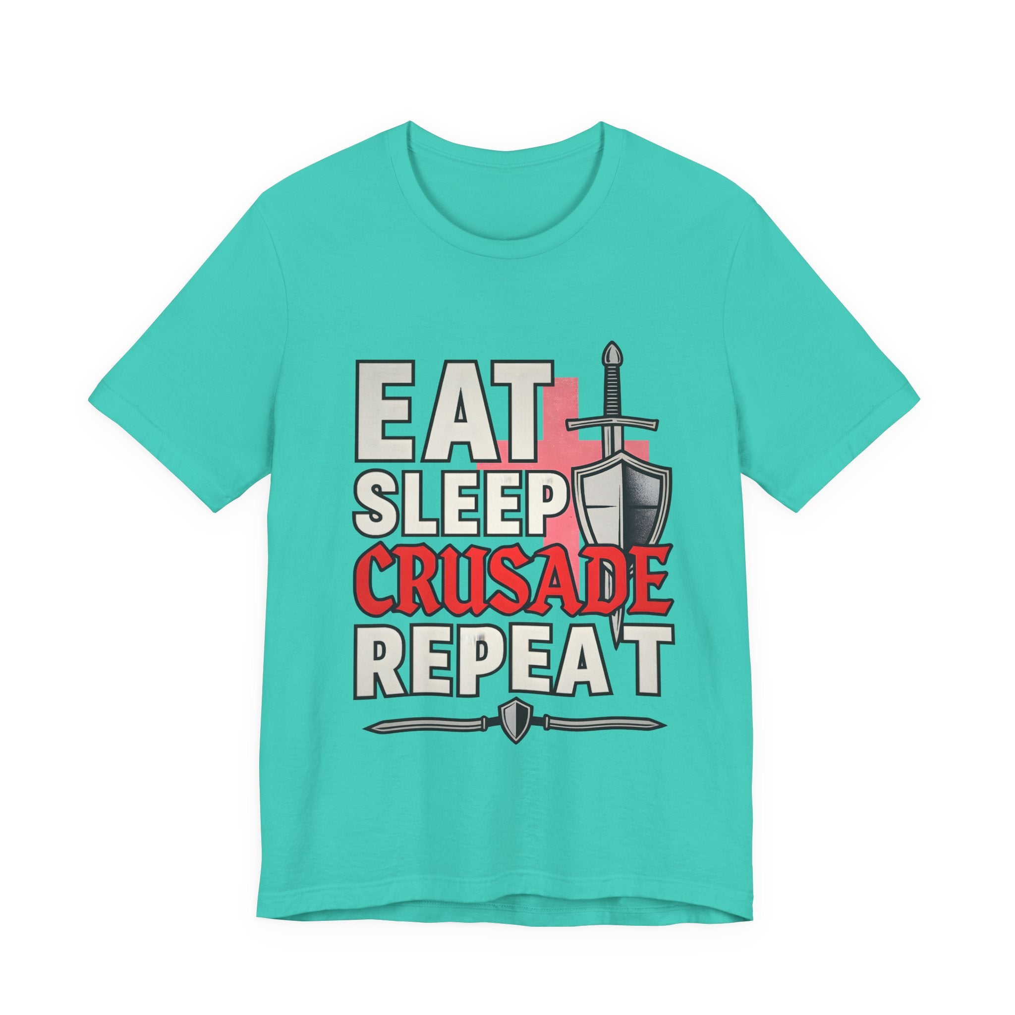 Eat Sleep Crusade Repeat T-Shirt | UK Patriot Medieval Sword & Shield Design | English National Pride Tee
