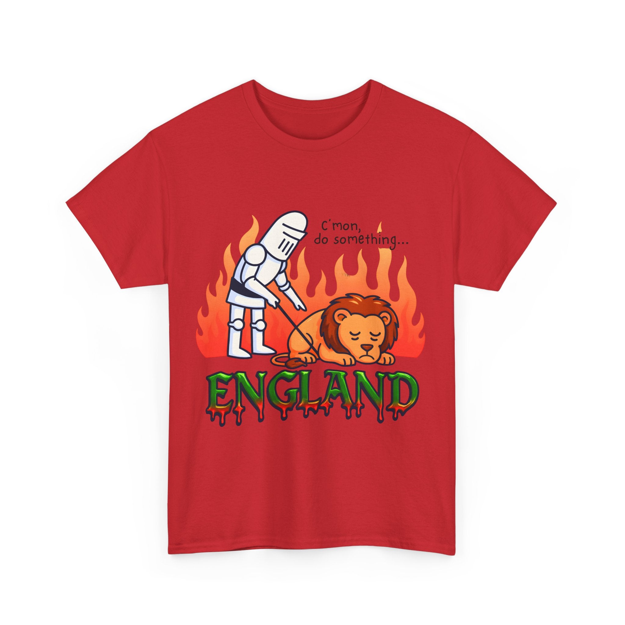 C'mon Do Something Funny England Meme T-Shirt | Unisex Heavy Cotton Tee | Sad Lion & Knight Cartoon National Pride Shirt | England T-shirt