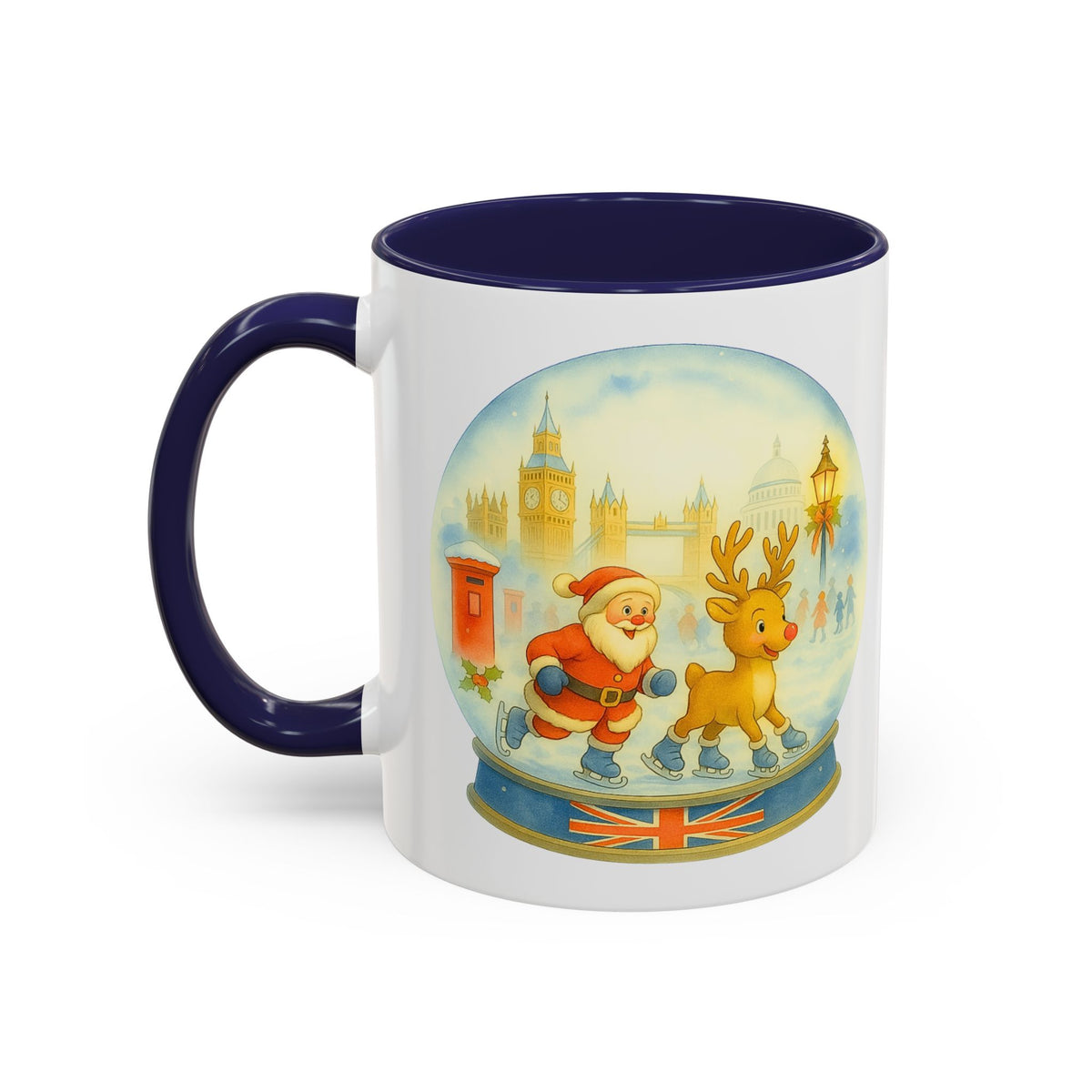 Santa and Rudolph ice skating London snowglobe Christmas mug, photo 5