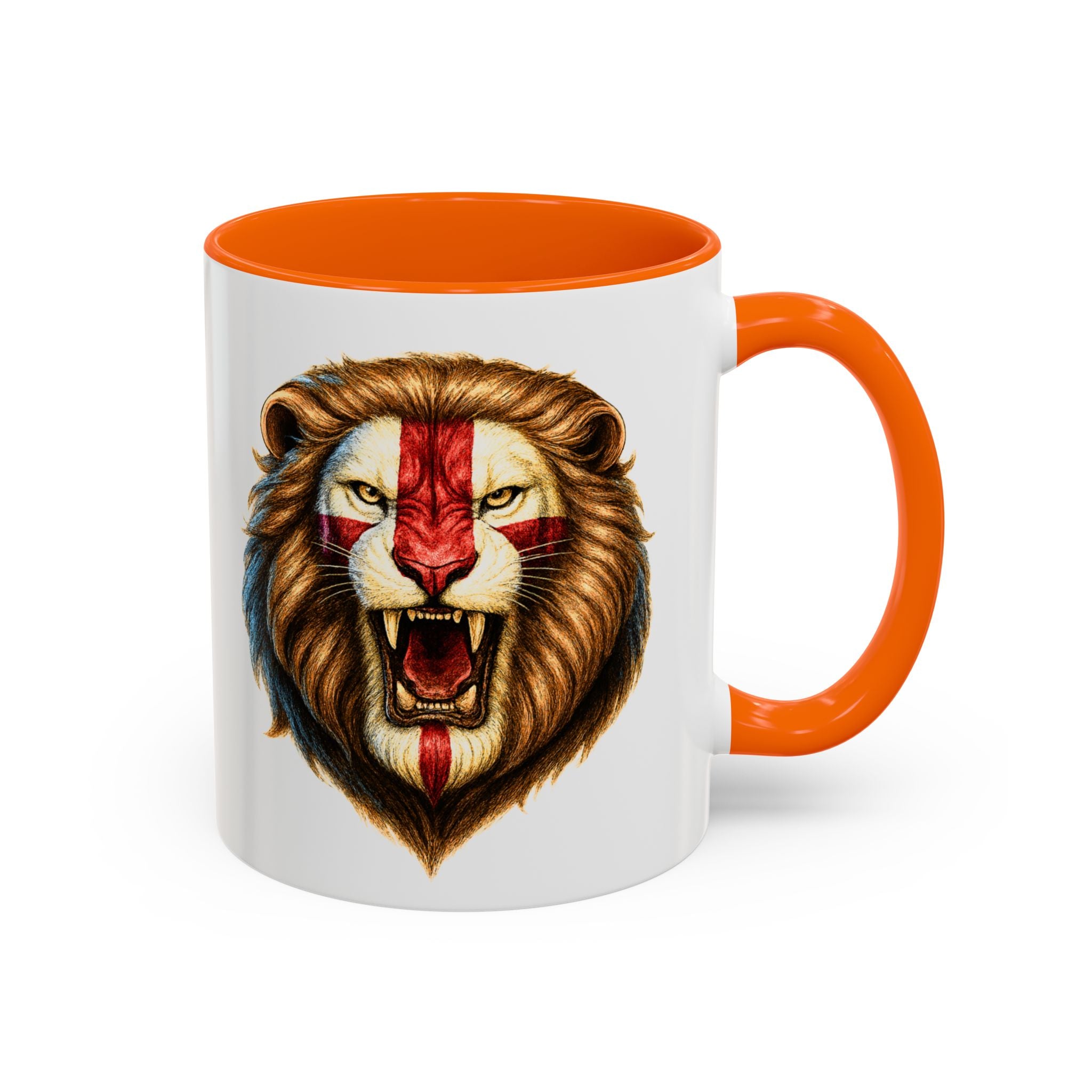 Roaring English Lion Accent Mug | St. George's Cross Patriotic Coffee Cup | Funny Medieval England Gift in Glossy Finish