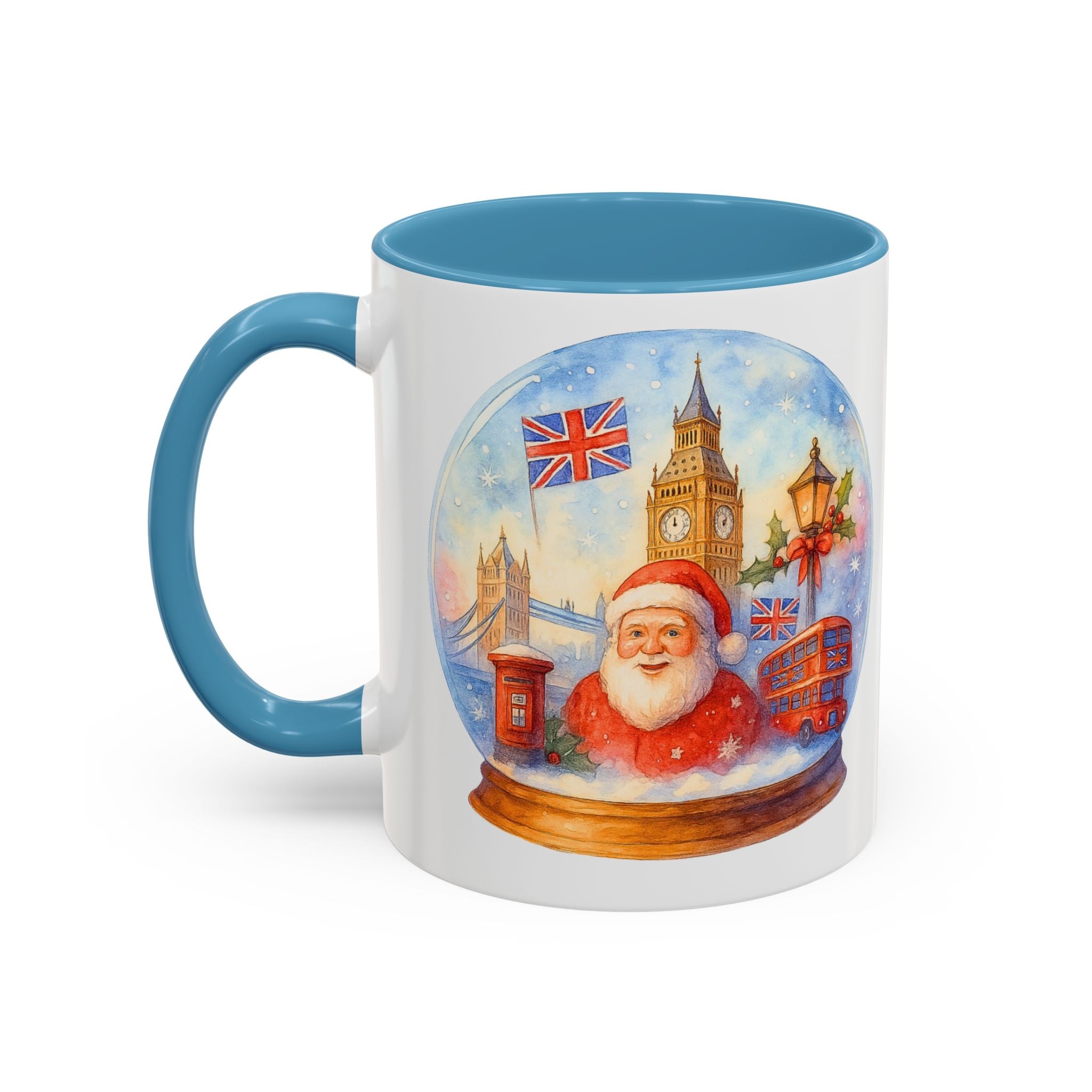 London Santa Snowglobe Mug | UK Christmas Souvenir Cup | Big Ben London Bus Festive Mug | British Holiday Gift