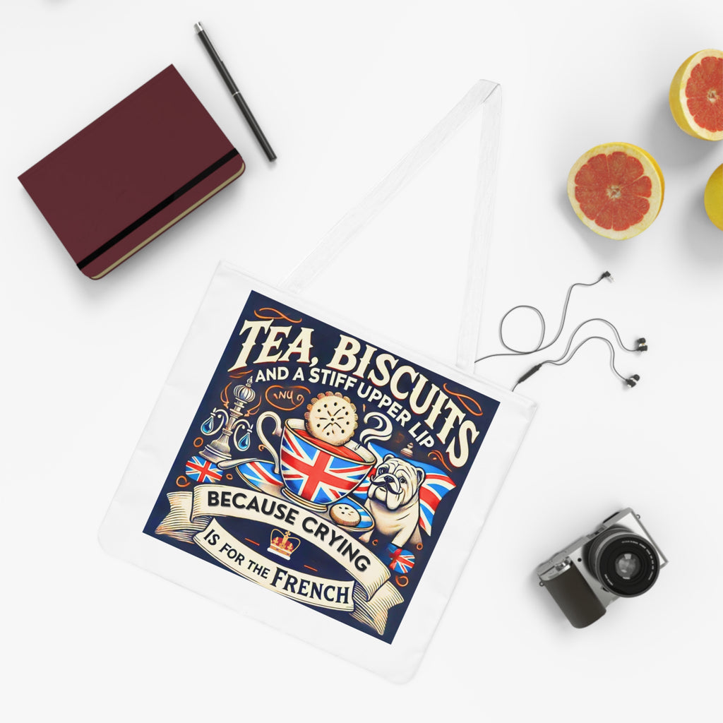 Tea Biscuits and a Stiff Upper Lip Tote Bag | Funny British Bulldog Tote | UK Humour Gift | Union Jack Canvas Bag | Patriotic Banter Bag