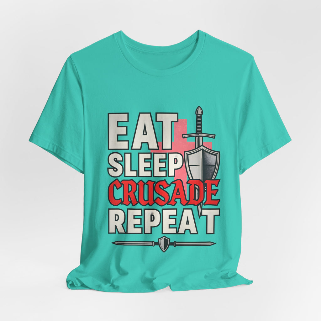 Eat Sleep Crusade Repeat T-Shirt | UK Patriot Medieval Sword & Shield Design | English National Pride Tee