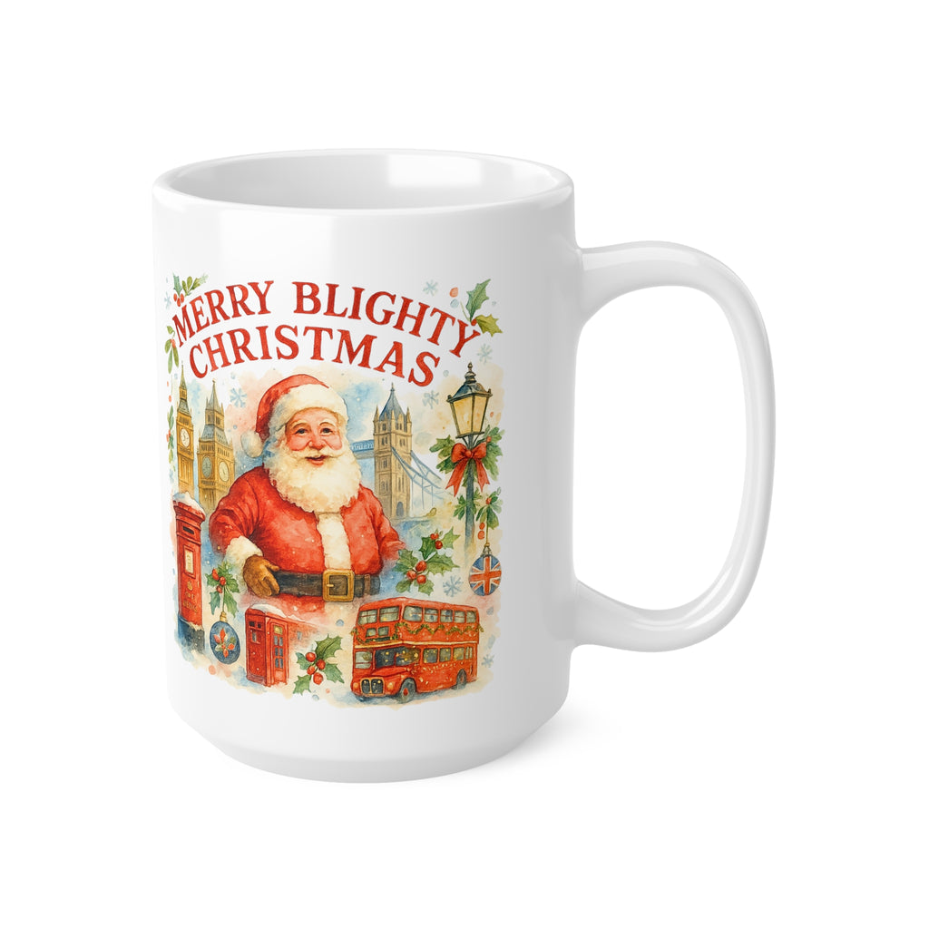 Merry Blighty Christmas Mug - Colourful Watercolour London Santa Cup | British Xmas Gift | Festive UK Holiday Mug