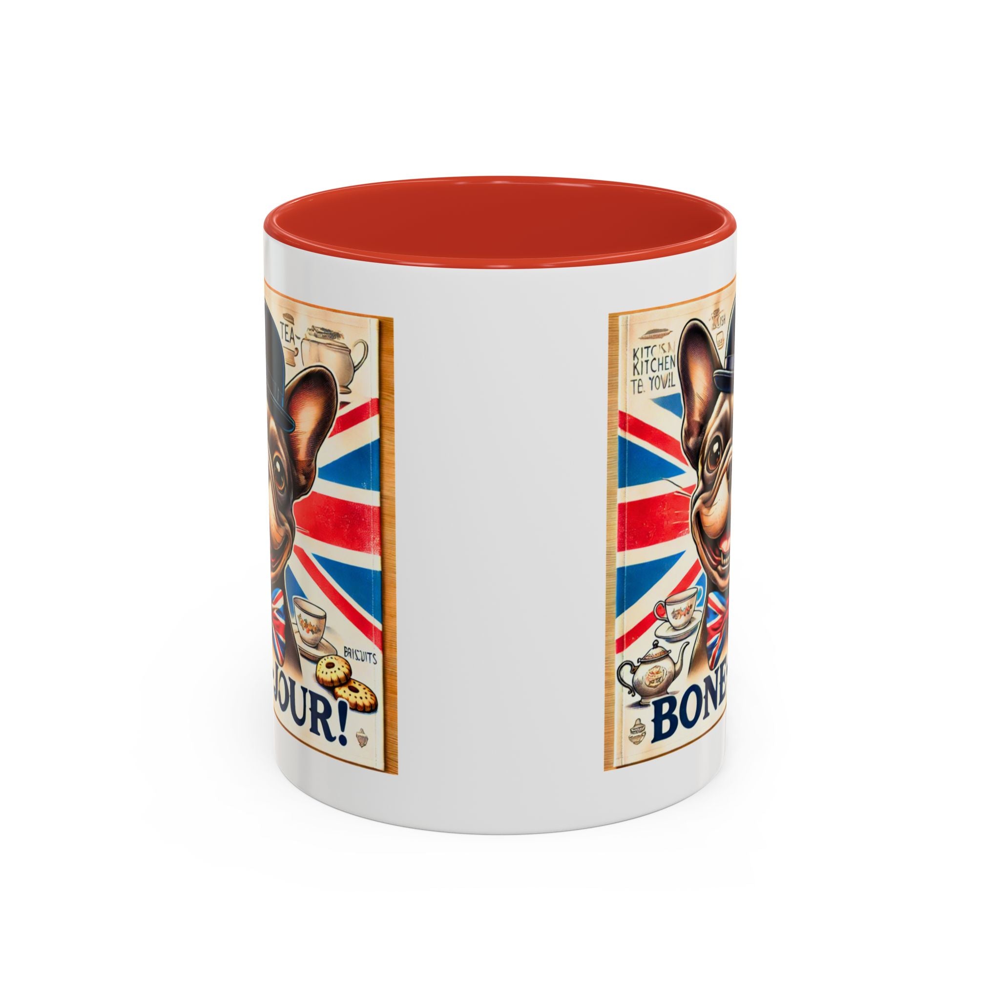 Bone-Jour Frenchie Mug | Funny Dog Lover Accent Coffee Cup | Cute French Bulldog Gift | Whimsical Patriotic Tea Mug | British Kitchen Decor