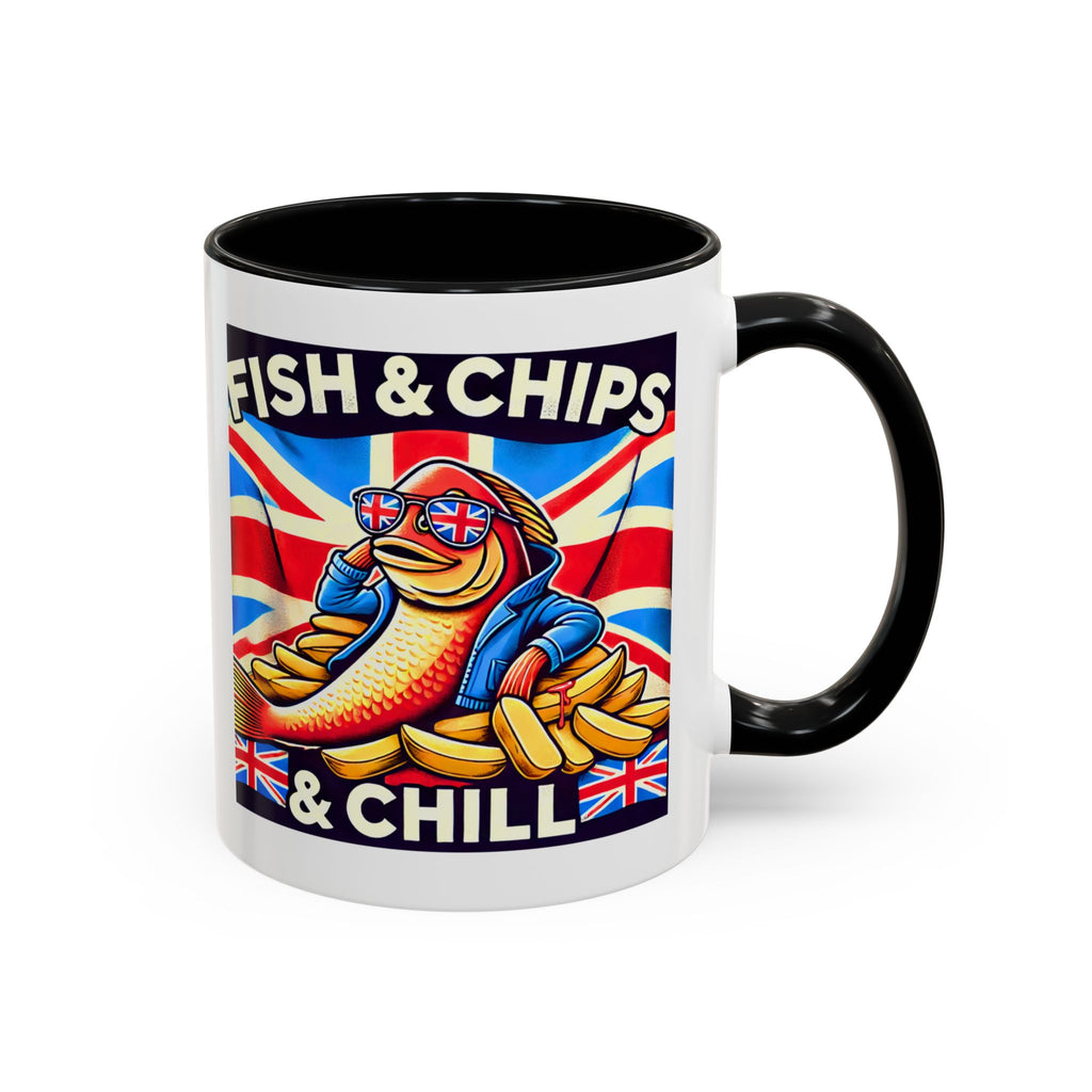 Fish & Chips n Chill Mug | Funny British Coffee Cup | Foodie Gift | Quirky UK Tea Mug | Accent Coffee Cup for Home or Office
