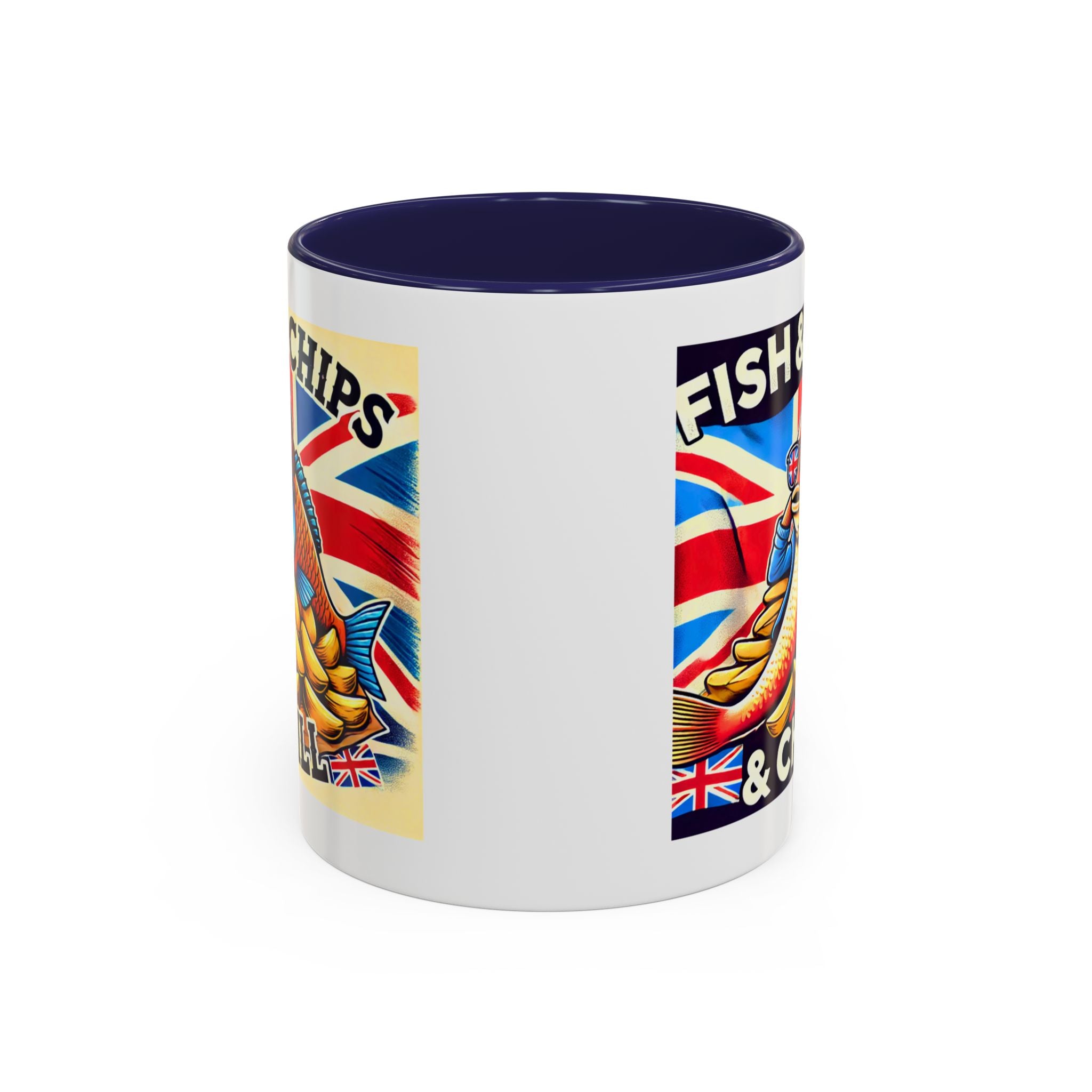 Fish & Chips n Chill Mug | Funny British Coffee Cup | Foodie Gift | Quirky UK Tea Mug | Accent Coffee Cup for Home or Office