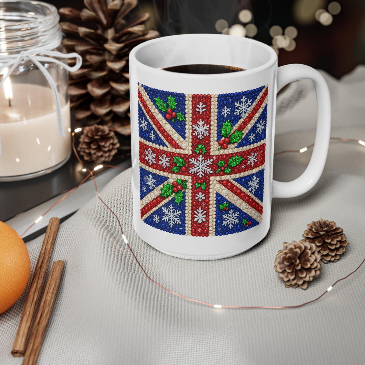 Rhinestone-style Union Jack Christmas mug with snowflakes, photo 6