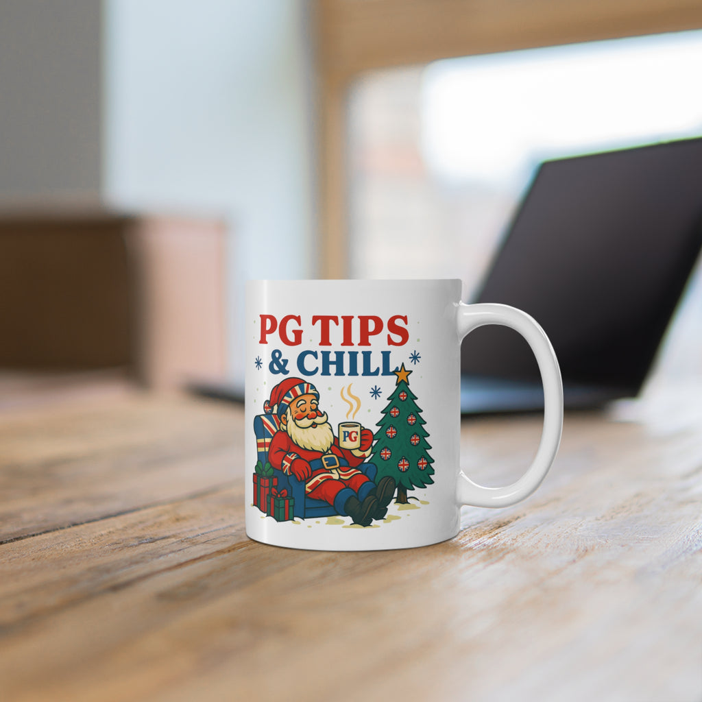 PG Tips and Chill Christmas mug with Santa in a Union Jack armchair, photo 5