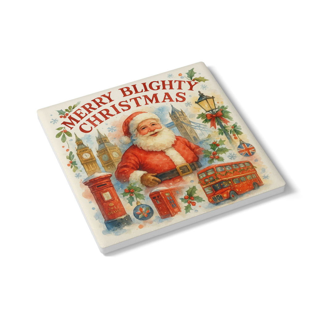 Merry Blighty Christmas Coaster | Watercolour UK Santa London Kitchen Decor Gift