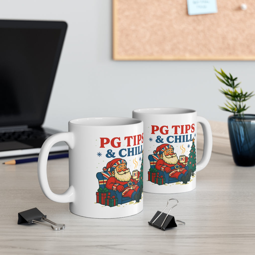 PG Tips and Chill Christmas mug with Santa in a Union Jack armchair, photo 4