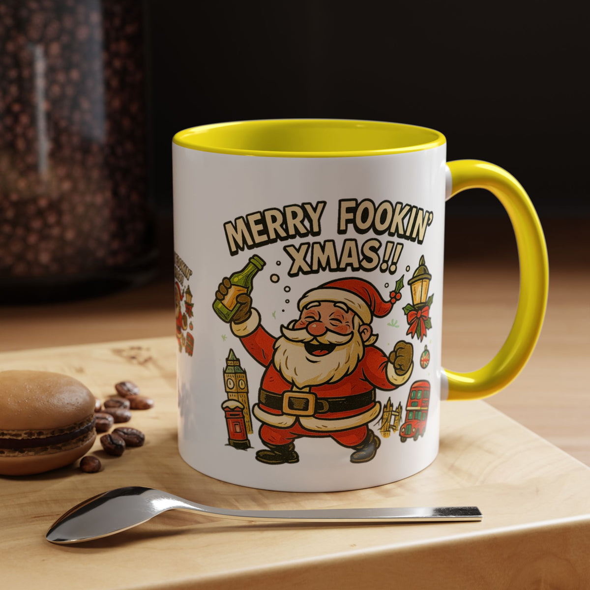 Merry Fookin' Xmas drunk Santa mug with Big Ben and a red bus, photo 9