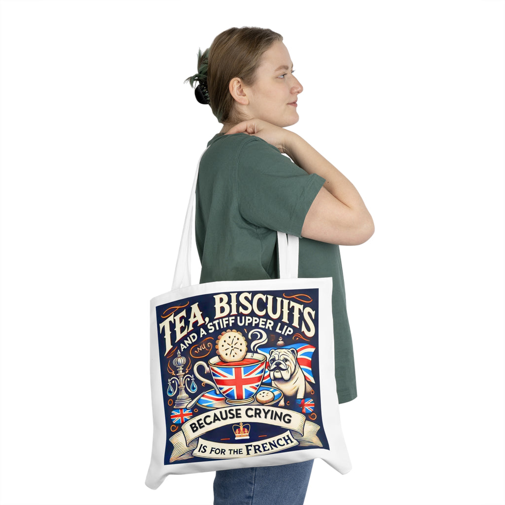 Tea Biscuits and a Stiff Upper Lip Tote Bag | Funny British Bulldog Tote | UK Humour Gift | Union Jack Canvas Bag | Patriotic Banter Bag