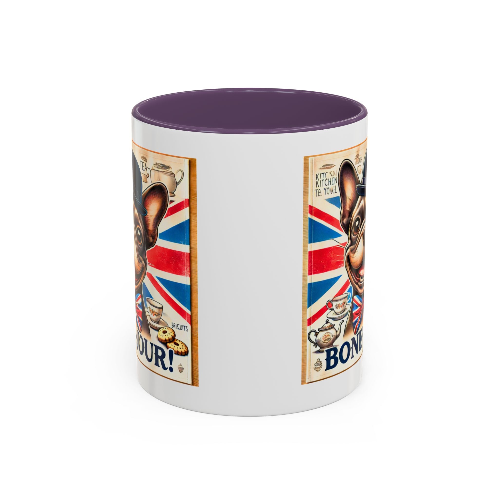 Bone-Jour Frenchie Mug | Funny Dog Lover Accent Coffee Cup | Cute French Bulldog Gift | Whimsical Patriotic Tea Mug | British Kitchen Decor