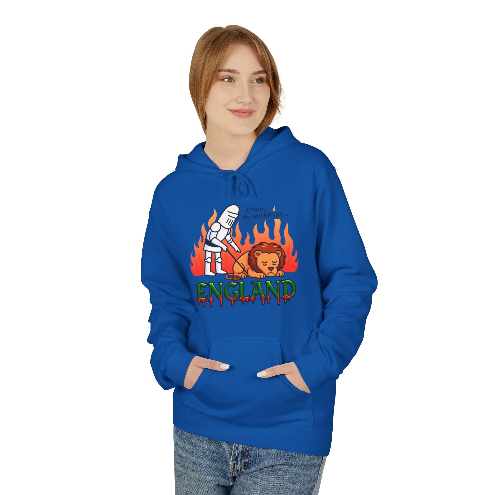 C'mon Do Something Funny England Meme Unisex Hoodie | Sad Lion & Knight Cartoon National Pride Jumper | English Pride Sweater