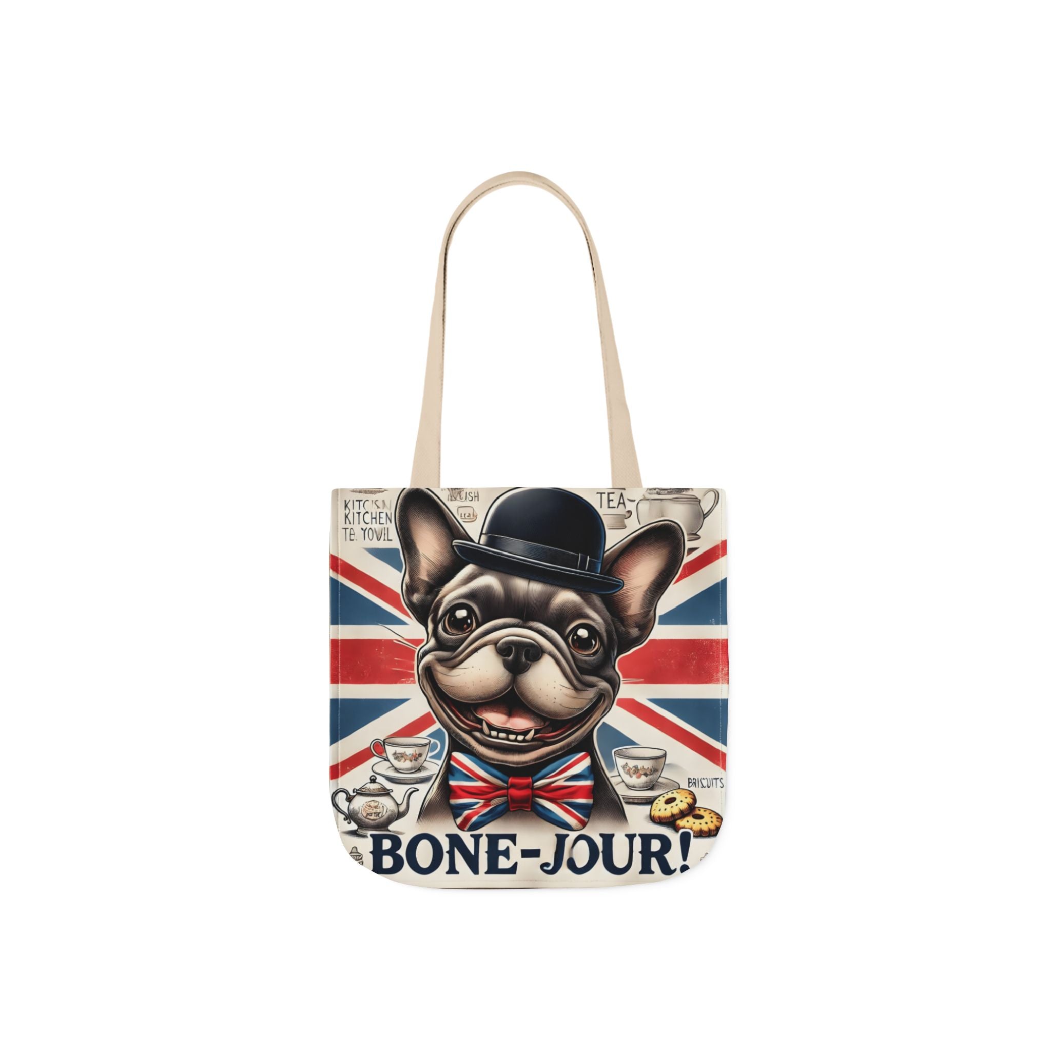 Bone-Jour Tote Bag | Union Jack Frenchie Bag | Fun Dog Mum Gift | Reusable Shopping Bag | French Bulldog Shoulder Bag, Dog Lover Gift