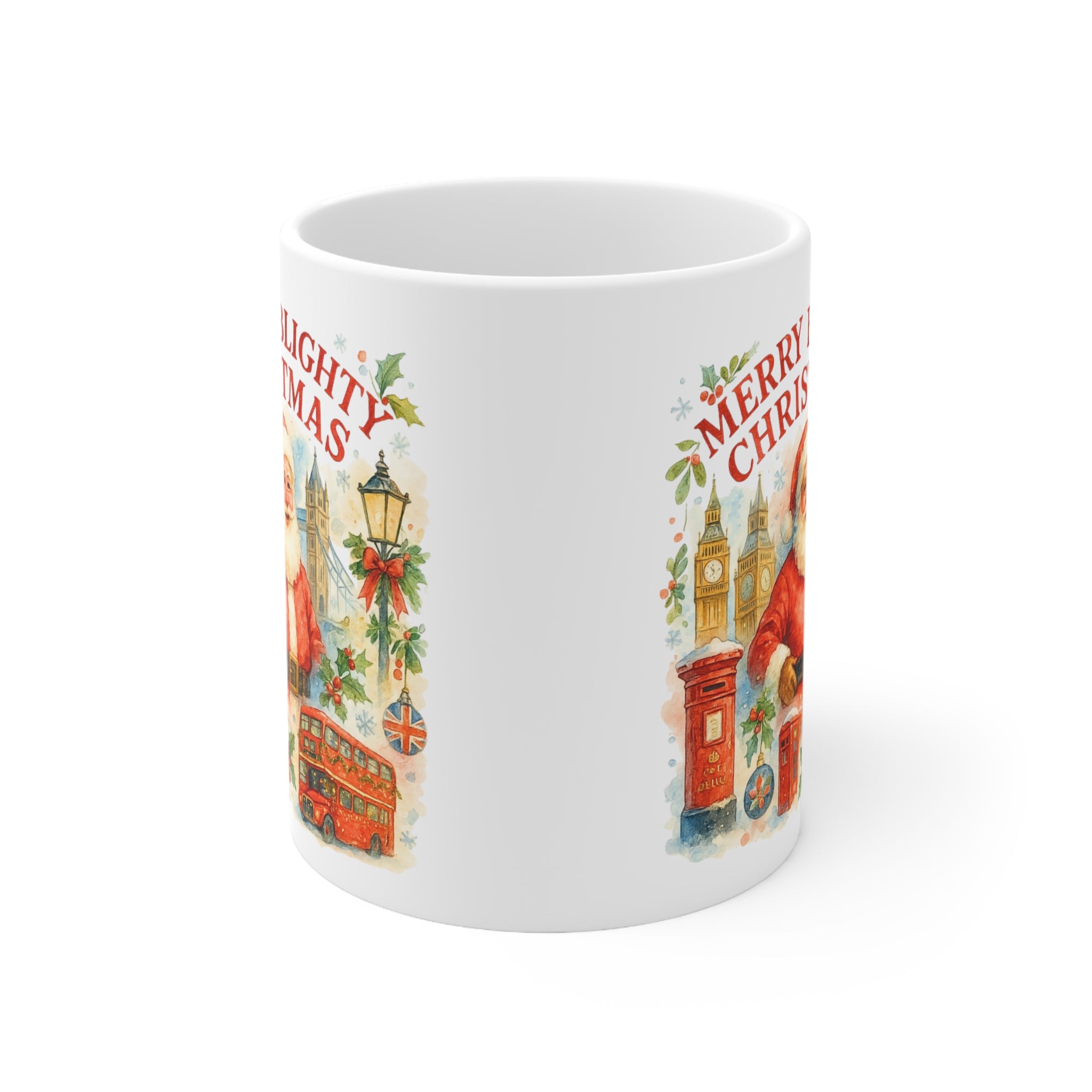 Merry Blighty Christmas Mug - Colourful Watercolour London Santa Cup | British Xmas Gift | Festive UK Holiday Mug