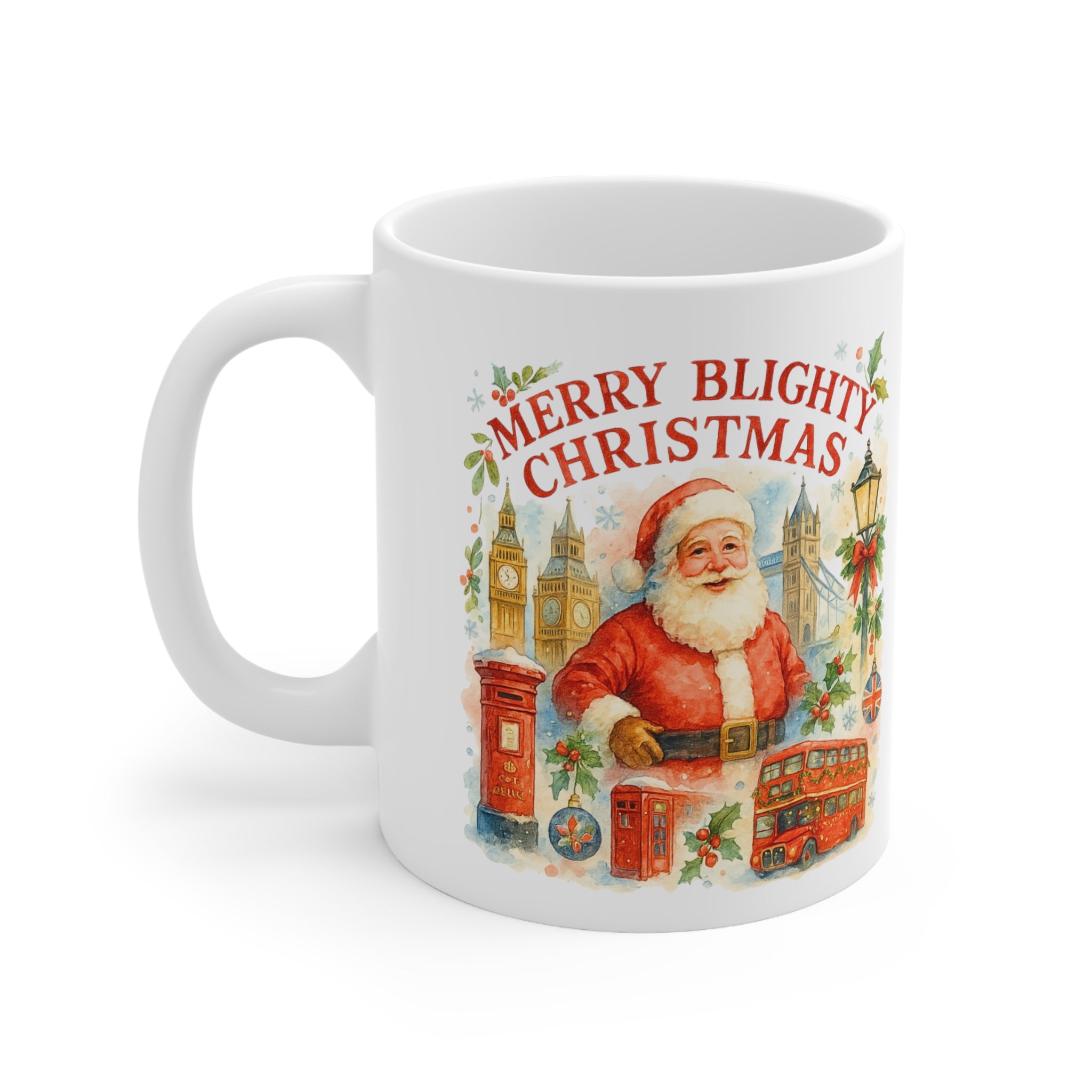 Merry Blighty Christmas Mug - Colourful Watercolour London Santa Cup | British Xmas Gift | Festive UK Holiday Mug