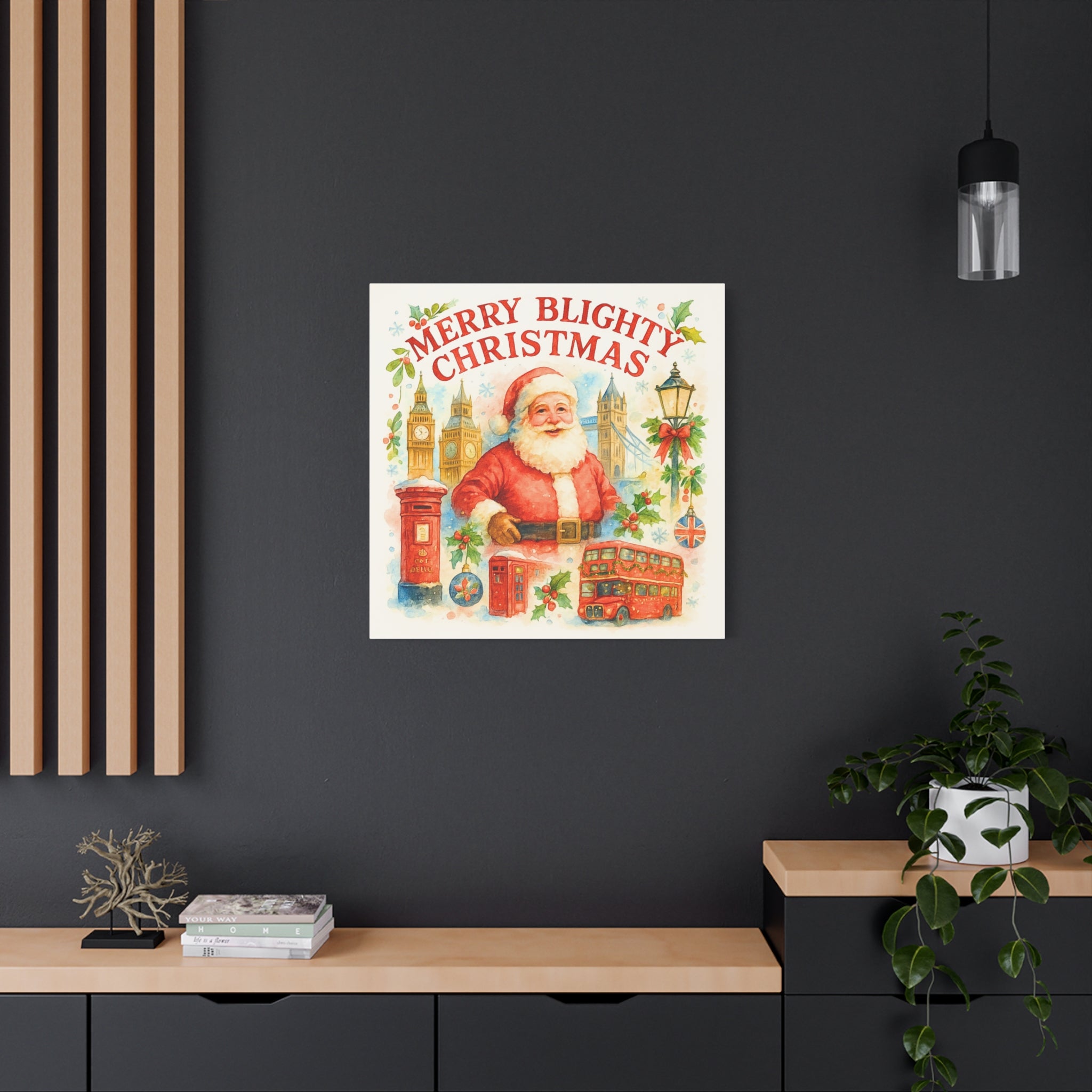 Merry Blighty Christmas Canvas Art - Vintage Watercolour London Scene | British Santa Wall Art | Cozy UK Festive Holiday Decor