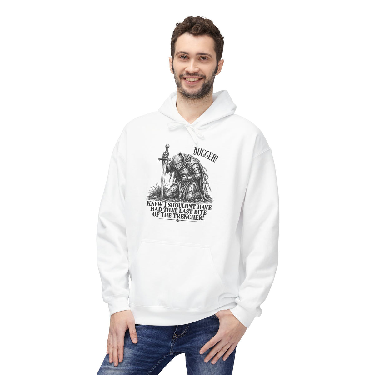 Funny medieval knight Bugger extra ale white hoodie, photo 2