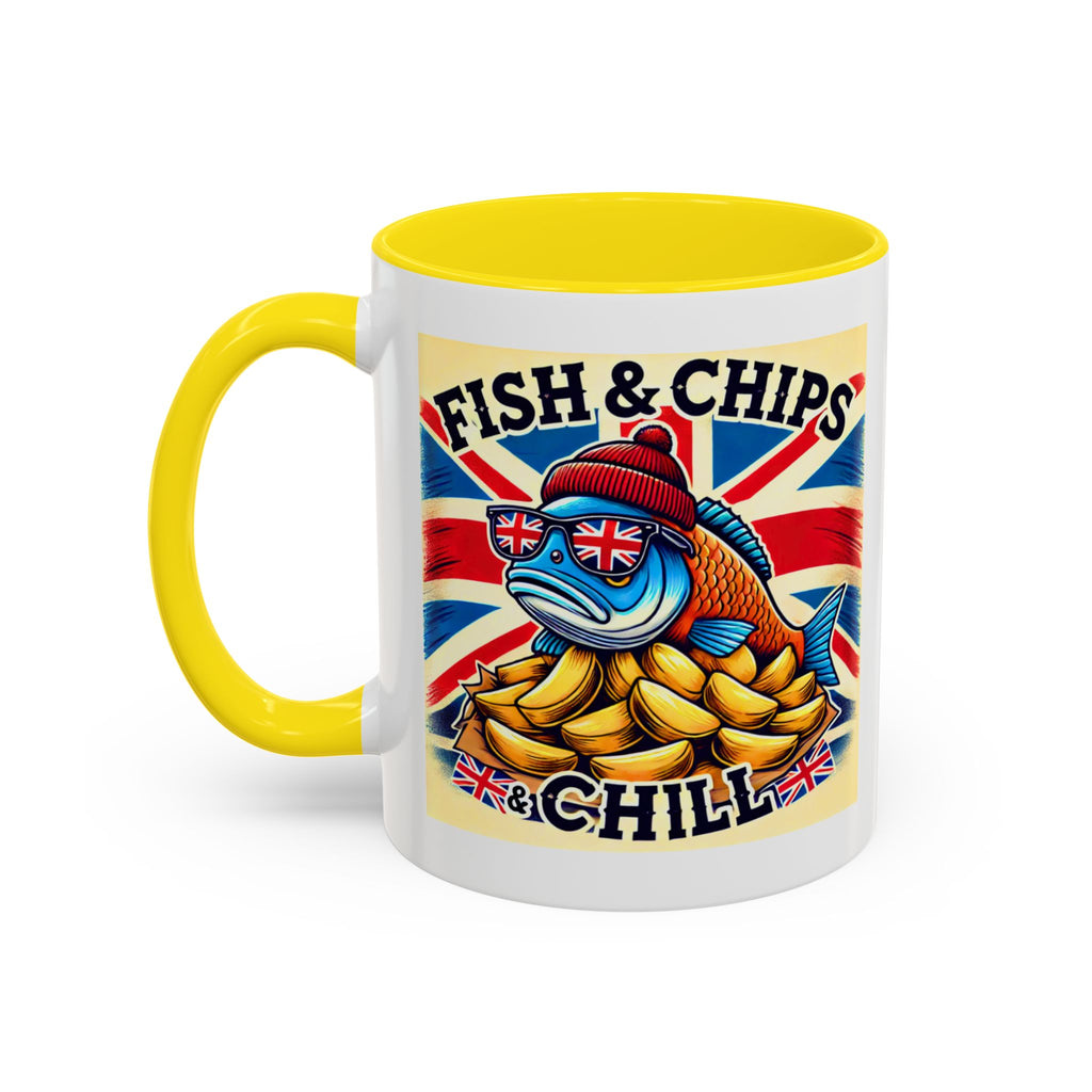 Fish & Chips n Chill Mug | Funny British Coffee Cup | Foodie Gift | Quirky UK Tea Mug | Accent Coffee Cup for Home or Office