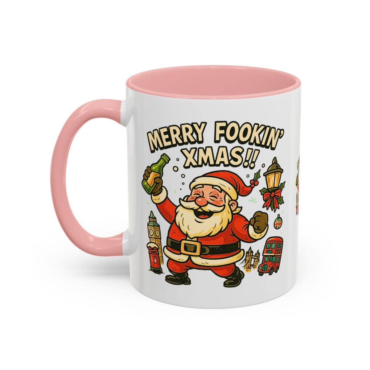Merry Fookin' Xmas drunk Santa mug with Big Ben and a red bus, photo 5