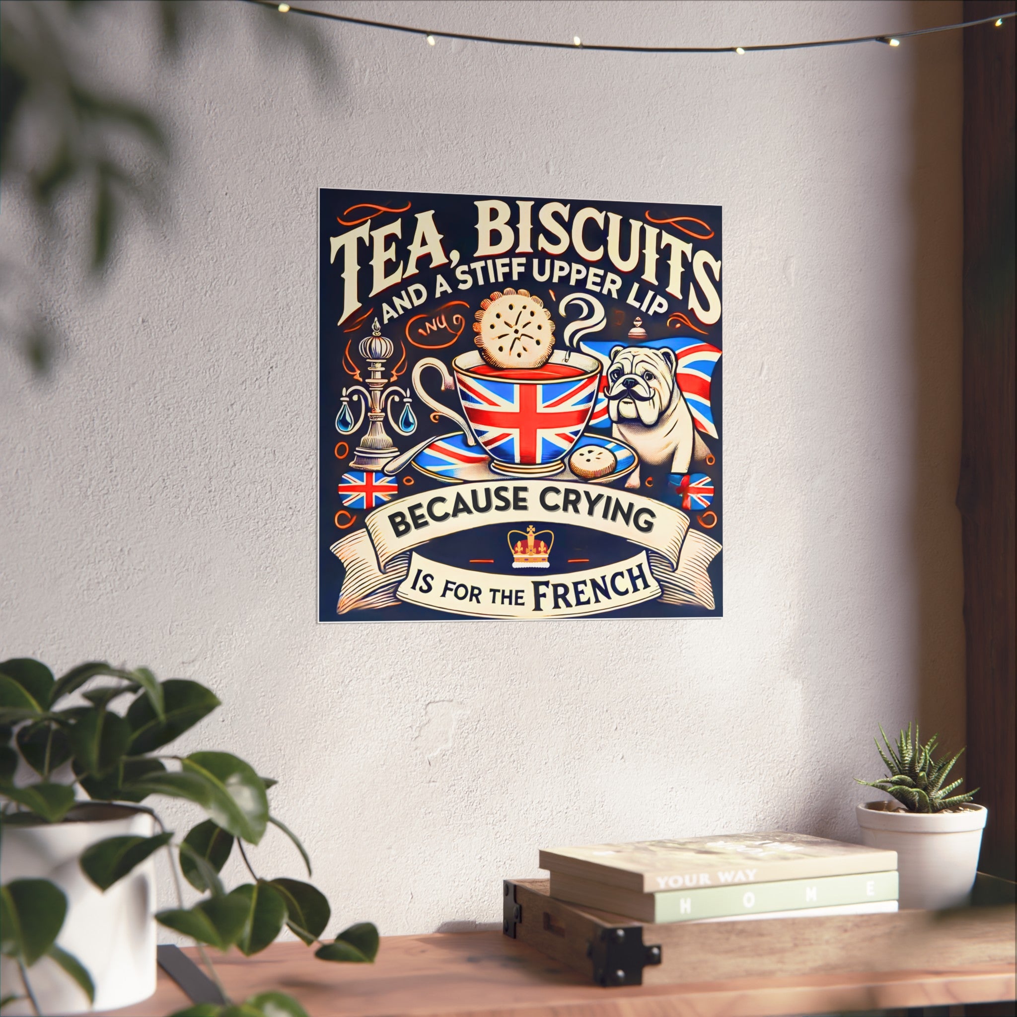 Tea, Biscuits and a Stiff Upper Lip Poster | Crying Is For The French Vintage British Bulldog Gift | Unique Patriotic UK Wall Art Print
