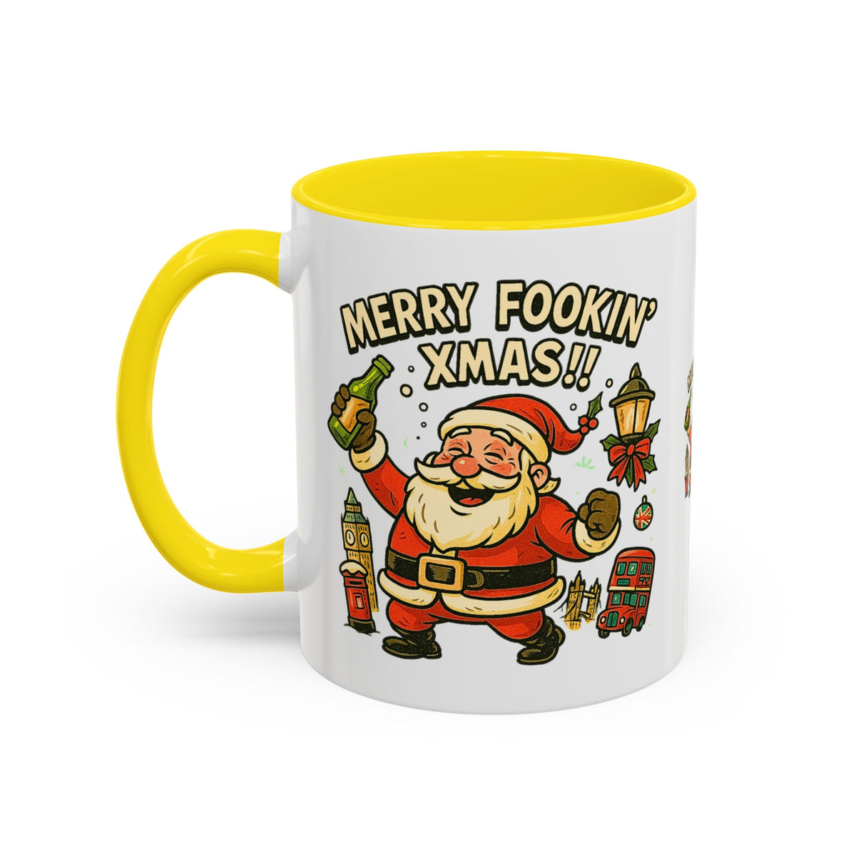 Merry Fookin' Xmas drunk Santa mug with Big Ben and a red bus, photo 3