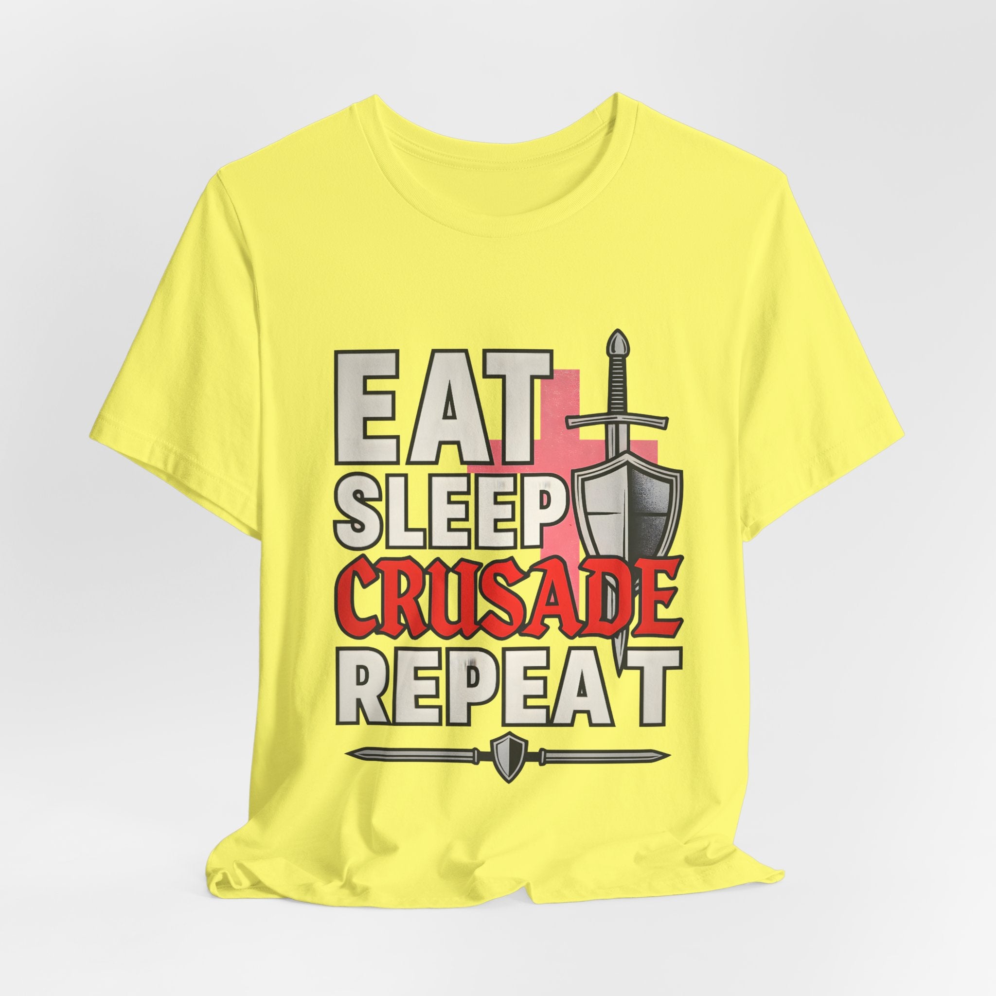 Eat Sleep Crusade Repeat T-Shirt | UK Patriot Medieval Sword & Shield Design | English National Pride Tee