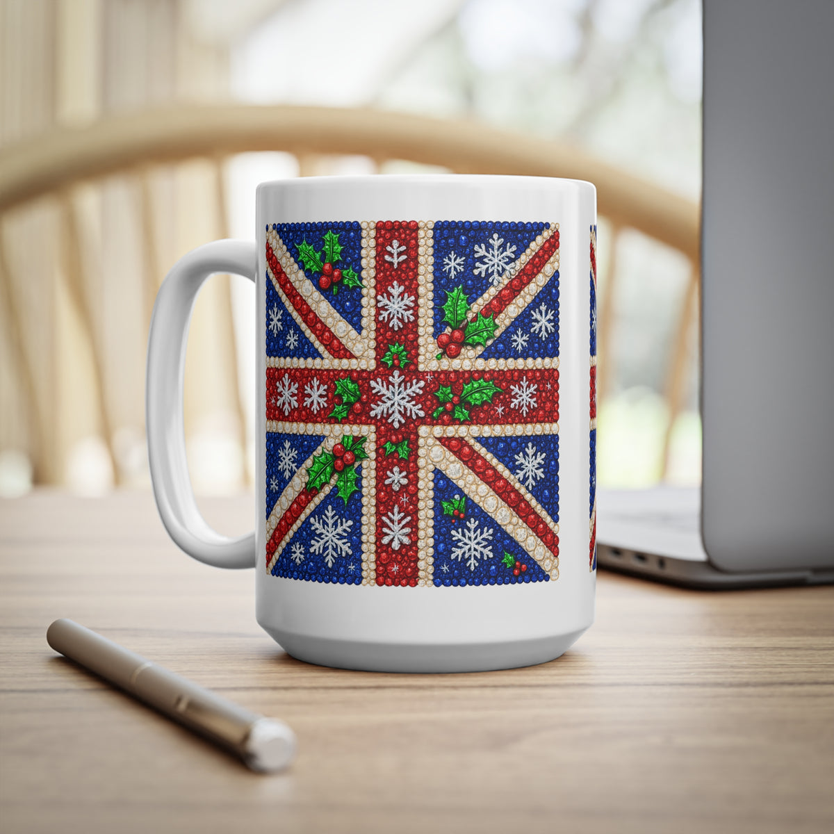 Rhinestone-style Union Jack Christmas mug with snowflakes, photo 8