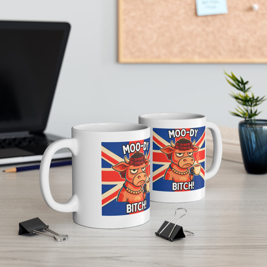 Moo-dy Bitch Funny Cow Mug | Funny British Animal Coffee Cup | Unique Sassy Gift for Her | 11oz Ceramic Moody Novelty Mug