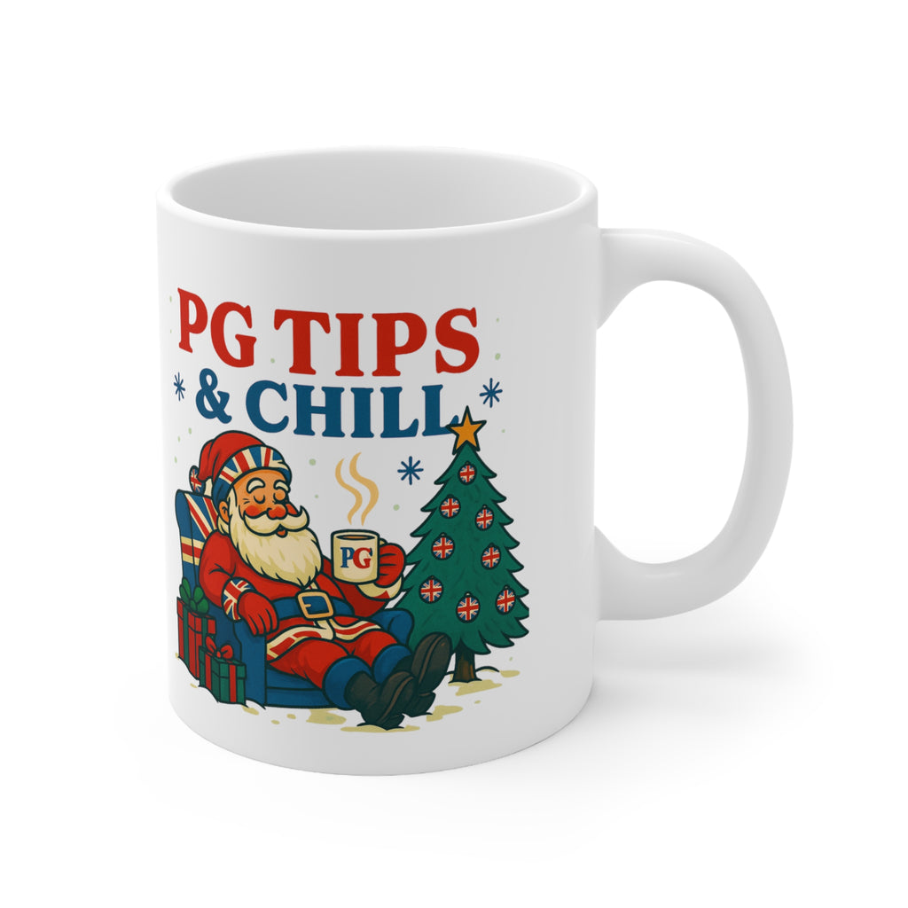 PG Tips and Chill Christmas mug with Santa in a Union Jack armchair, photo 3