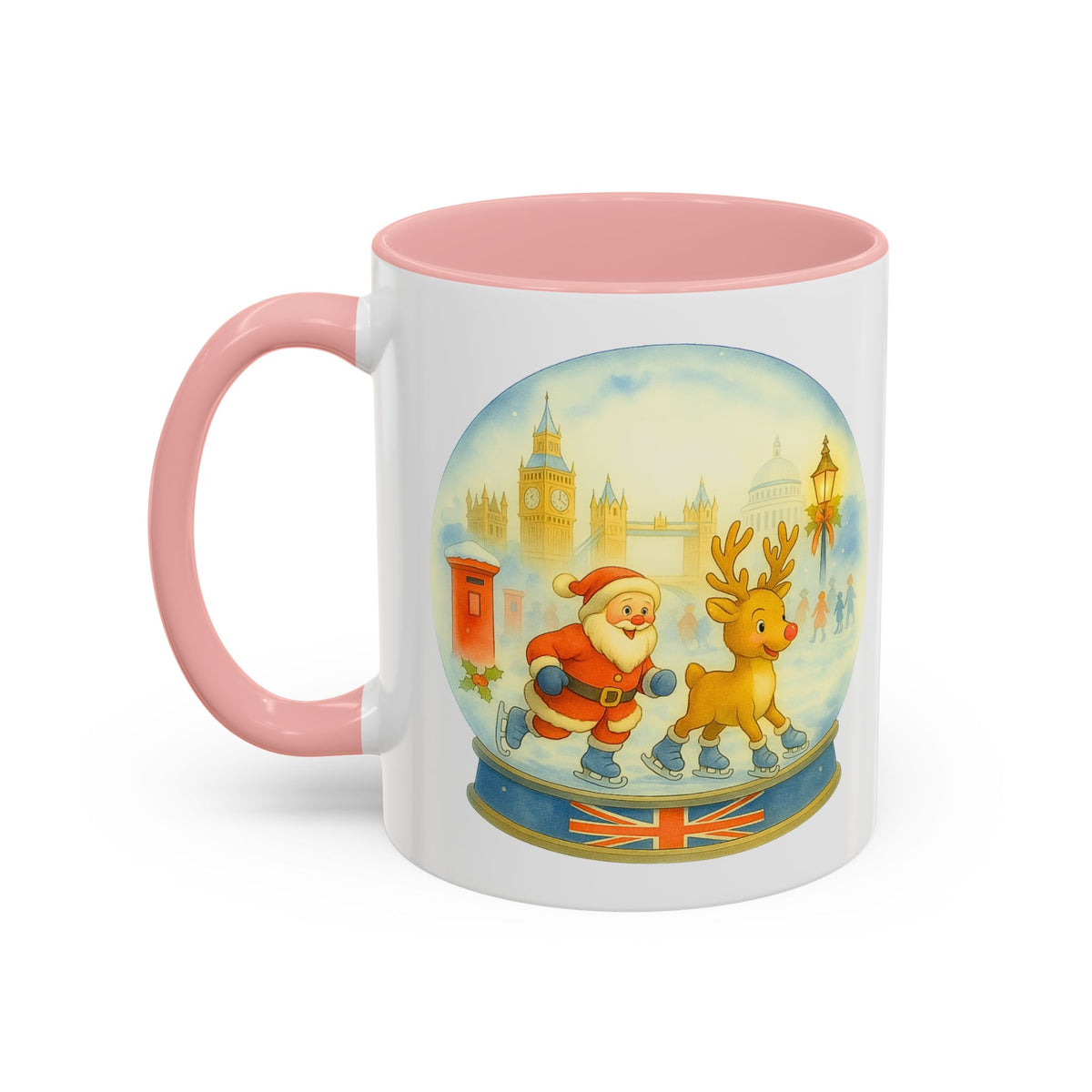 Santa and Rudolph ice skating London snowglobe Christmas mug, photo 3