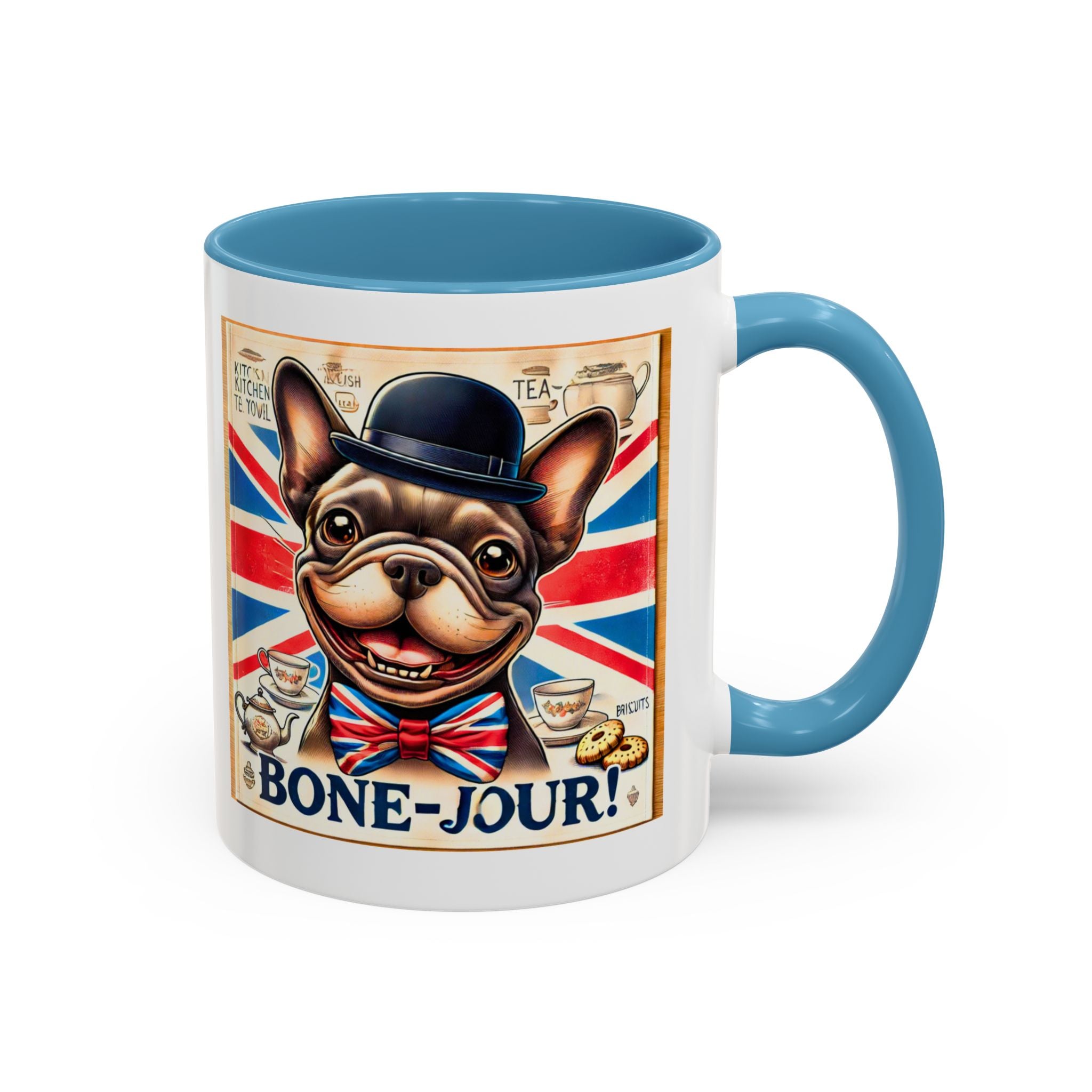 Bone-Jour Frenchie Mug | Funny Dog Lover Accent Coffee Cup | Cute French Bulldog Gift | Whimsical Patriotic Tea Mug | British Kitchen Decor