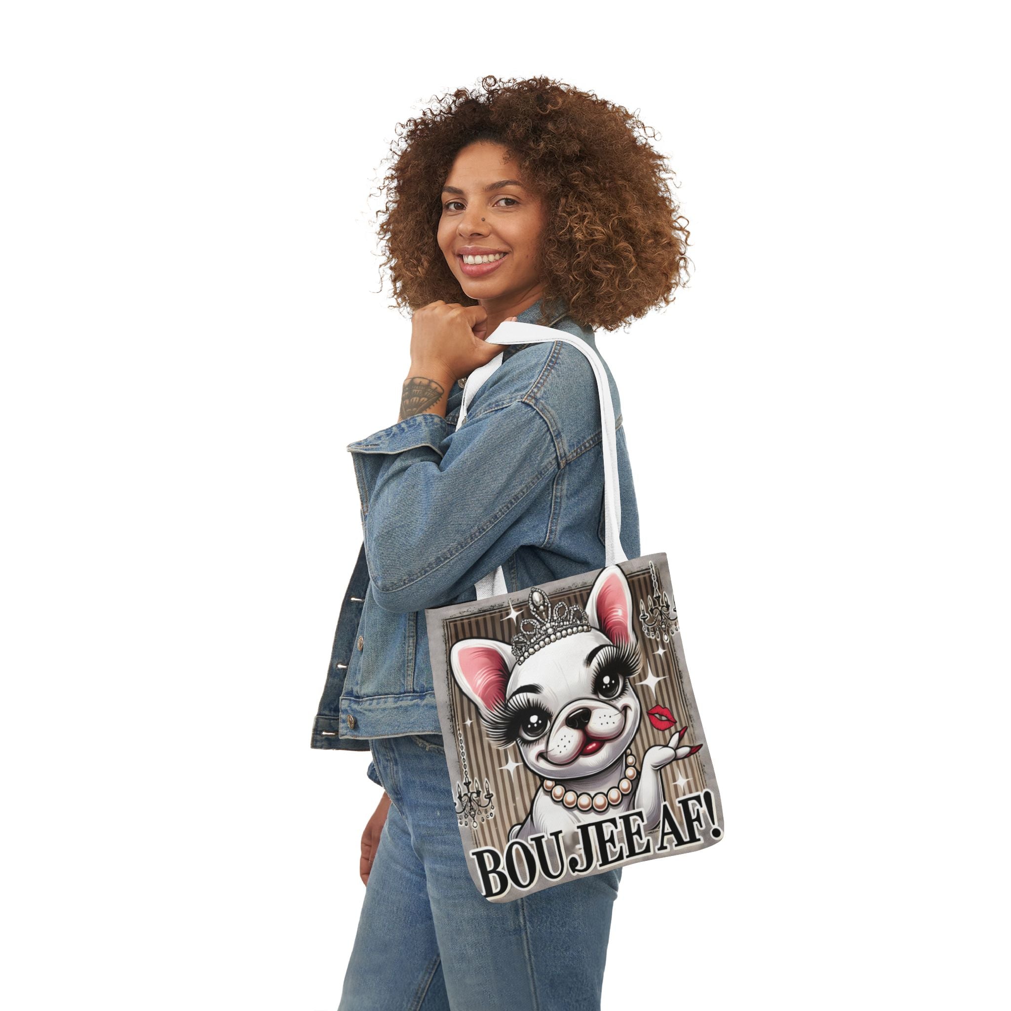 Boujee AF Canvas Tote Bag | Frenchie Design | 5-Color Straps Shopping Bag | French Bulldog Artwork Travel Tote