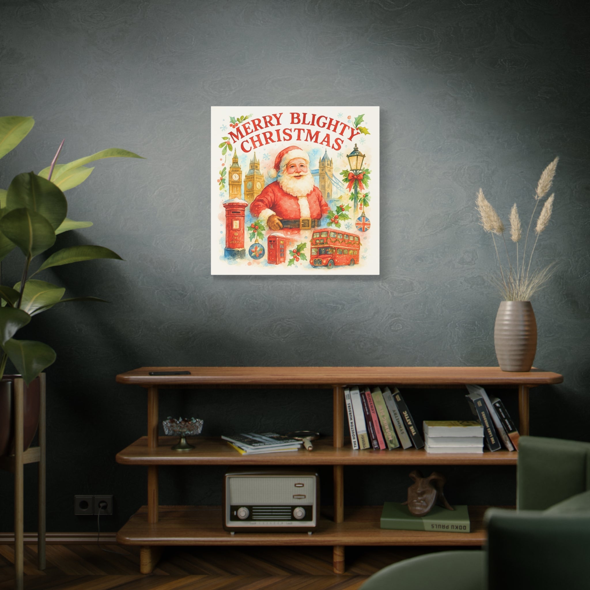 Merry Blighty Christmas Canvas Art - Vintage Watercolour London Scene | British Santa Wall Art | Cozy UK Festive Holiday Decor