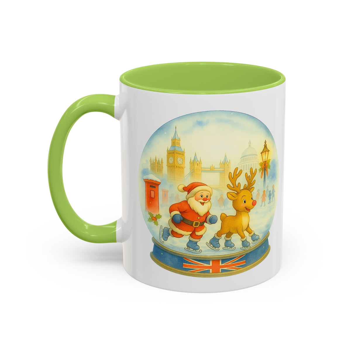 Santa and Rudolph ice skating London snowglobe Christmas mug, photo 6