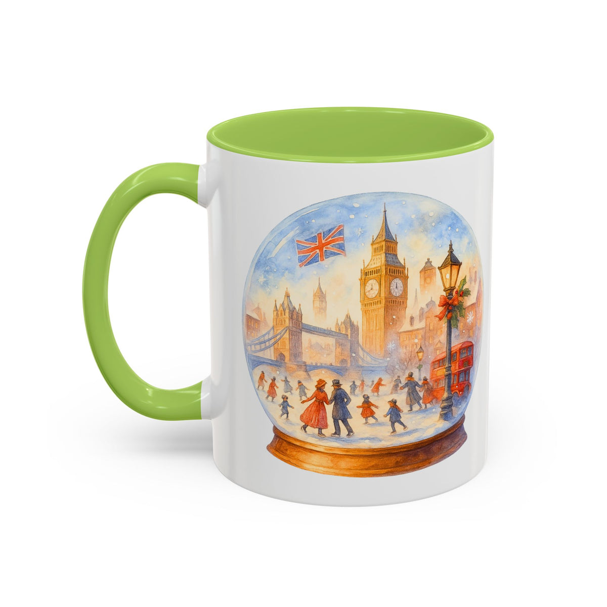 London snowglobe mug with Big Ben, Tower Bridge and red buses, photo 6