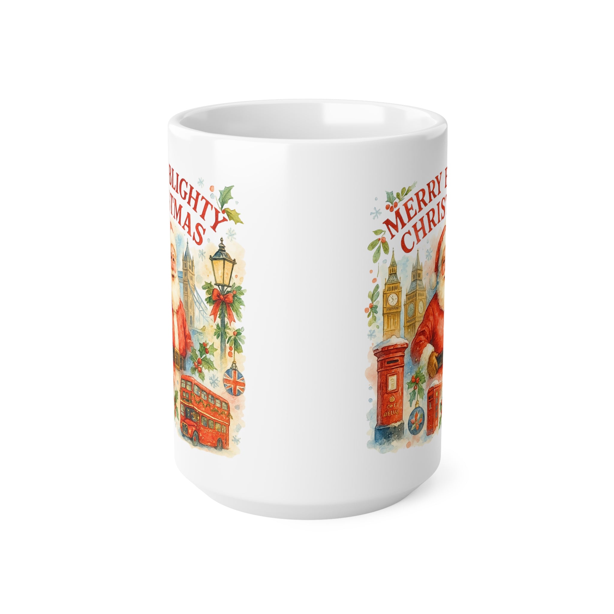 Merry Blighty Christmas Mug - Colourful Watercolour London Santa Cup | British Xmas Gift | Festive UK Holiday Mug