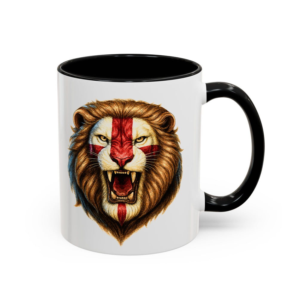 Roaring English Lion Accent Mug | St. George's Cross Patriotic Coffee Cup | Funny Medieval England Gift in Glossy Finish