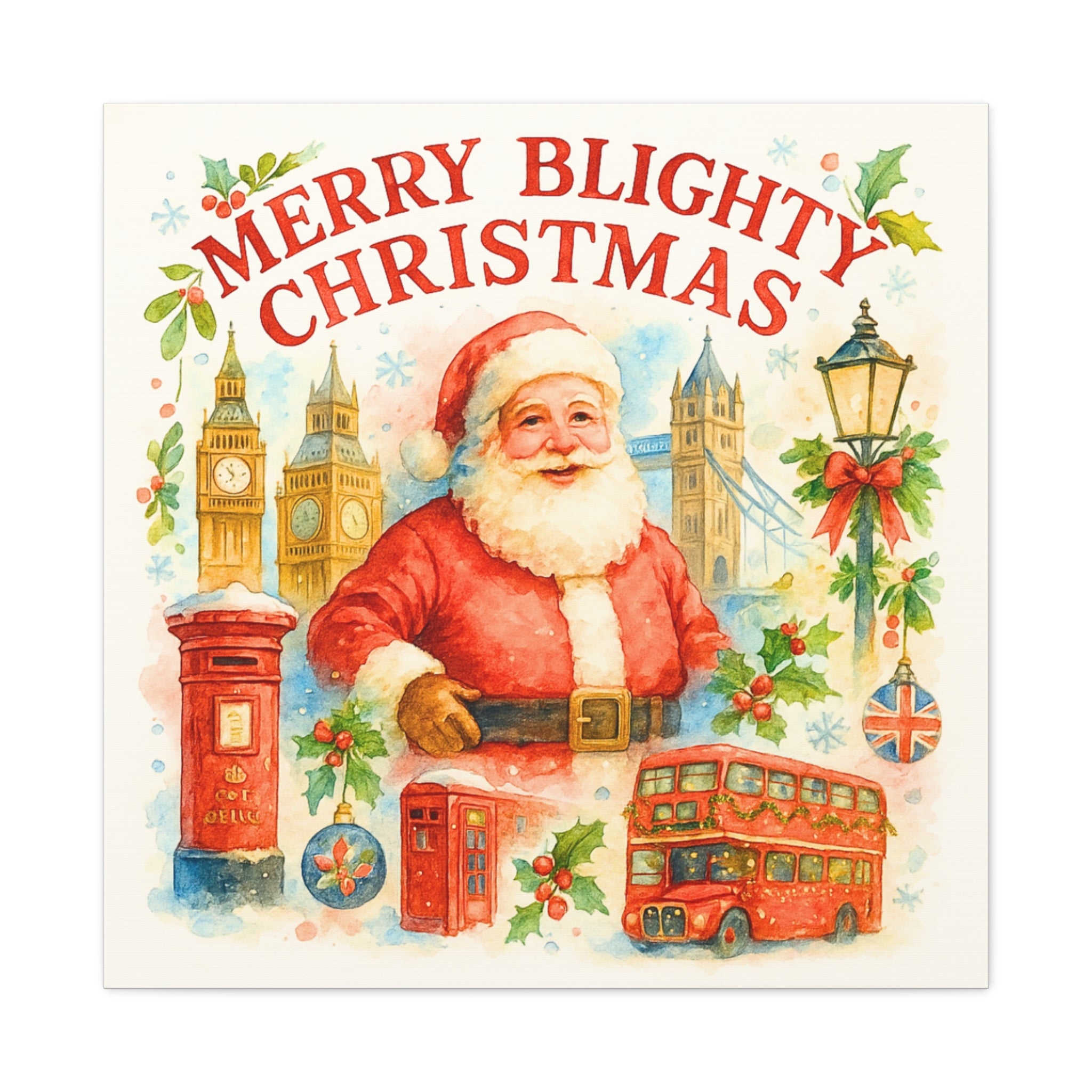Merry Blighty Christmas Canvas Art - Vintage Watercolour London Scene | British Santa Wall Art | Cozy UK Festive Holiday Decor