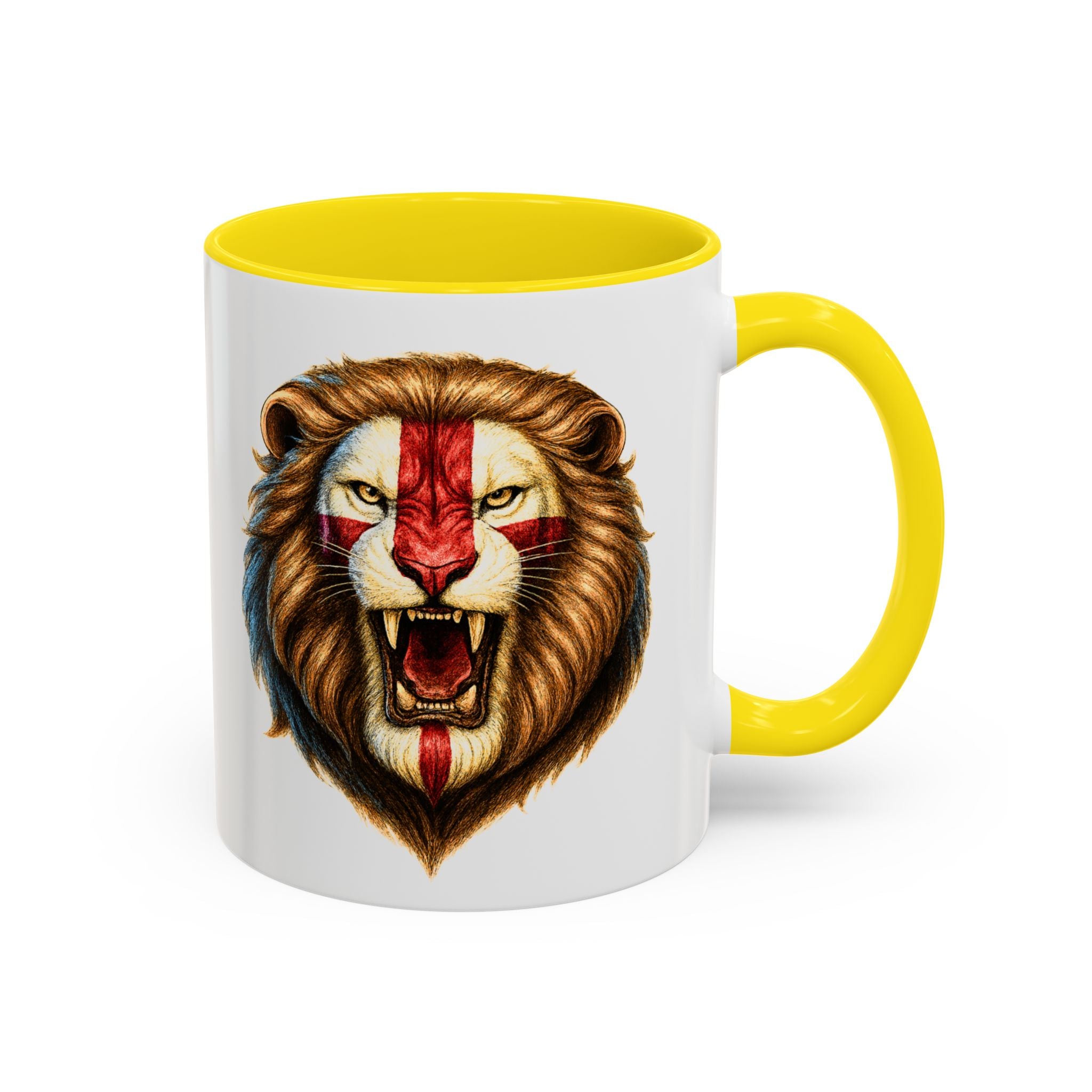 Roaring English Lion Accent Mug | St. George's Cross Patriotic Coffee Cup | Funny Medieval England Gift in Glossy Finish