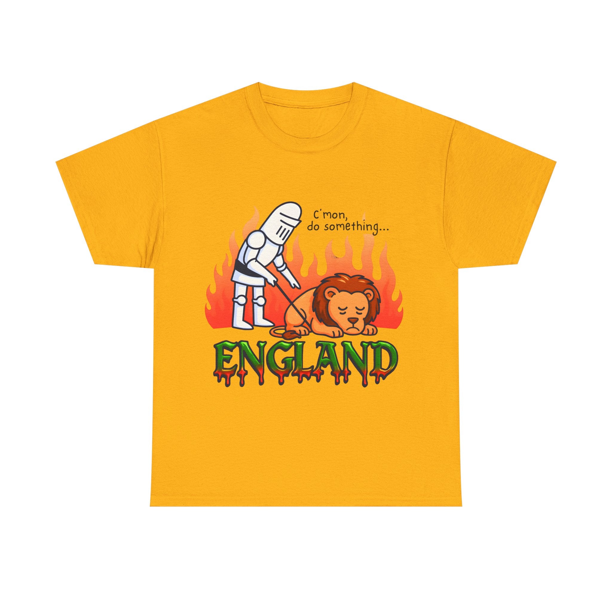 C'mon Do Something Funny England Meme T-Shirt | Unisex Heavy Cotton Tee | Sad Lion & Knight Cartoon National Pride Shirt | England T-shirt
