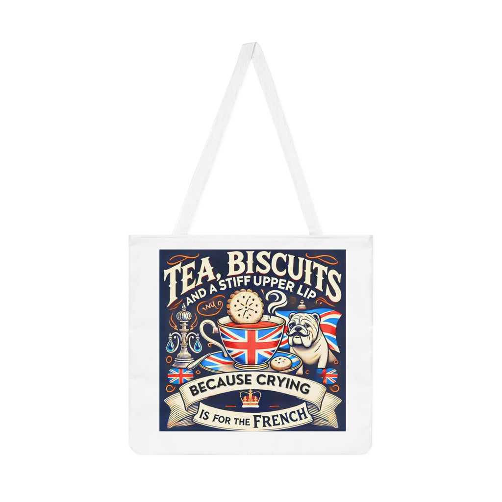 Tea Biscuits and a Stiff Upper Lip Tote Bag | Funny British Bulldog Tote | UK Humour Gift | Union Jack Canvas Bag | Patriotic Banter Bag